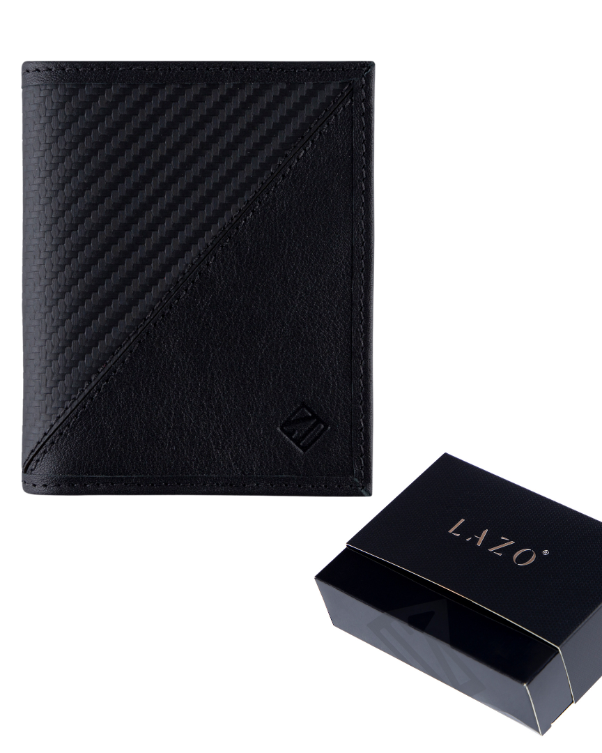 Billetera de cuero compacta color negro carbono para hombre, perfecta para tarjetas y billetes.