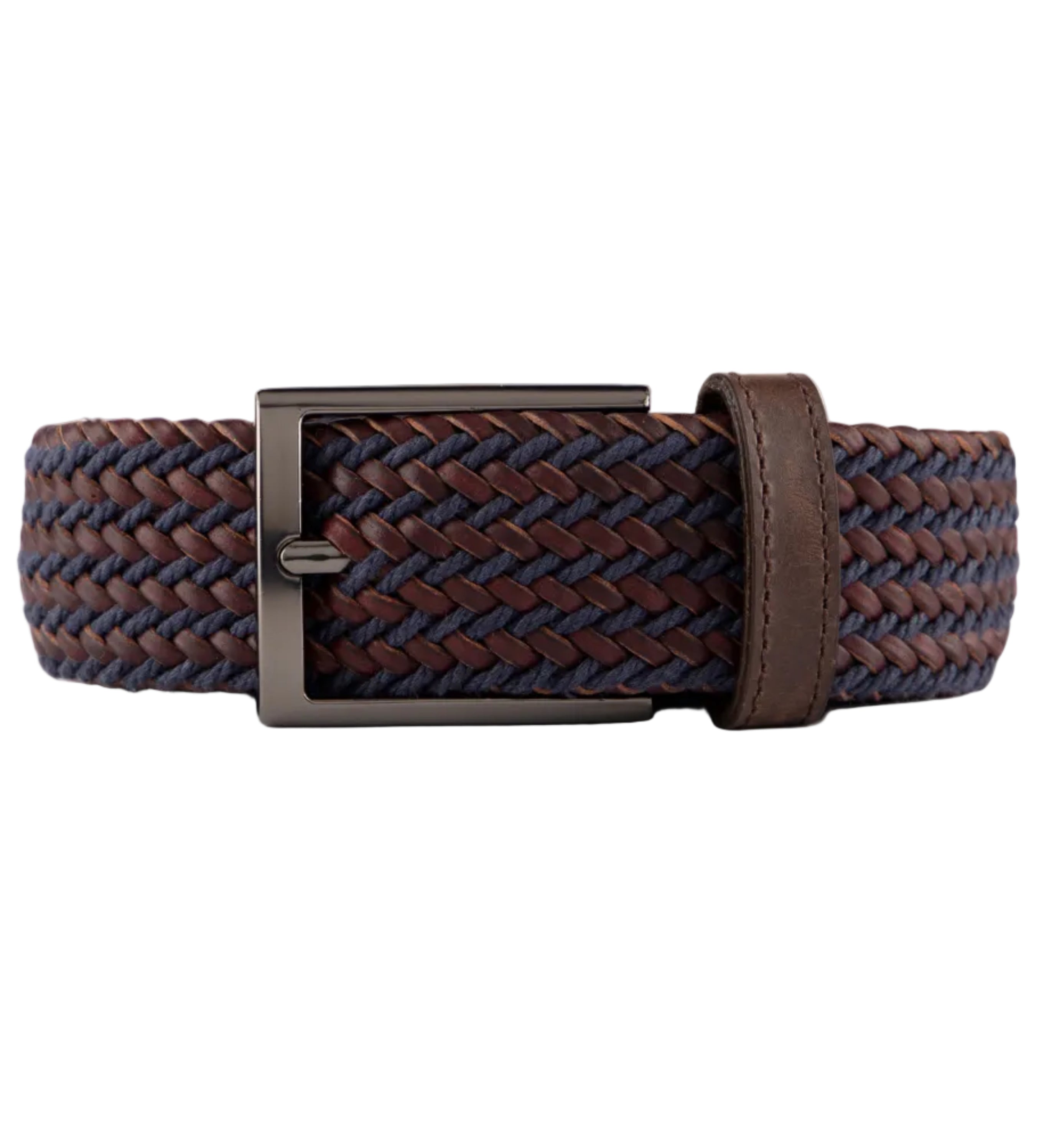 Cinturon trenzado de cuero cafe y azul para hombre ideal para regalo, a oficina o un dia casual
