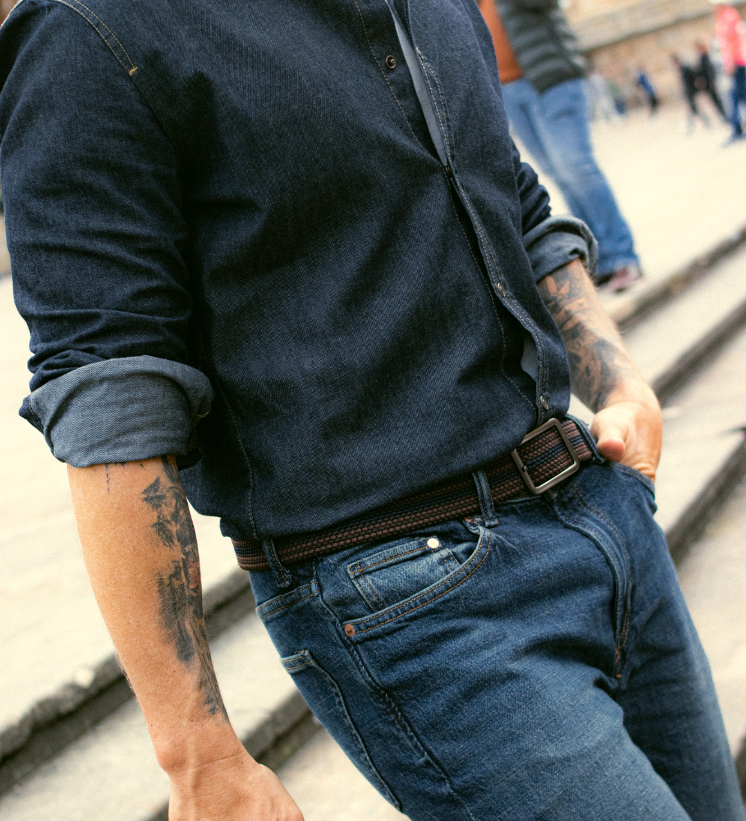Cinturon doblefaz trenzado para hombre color cafe, azul y beige