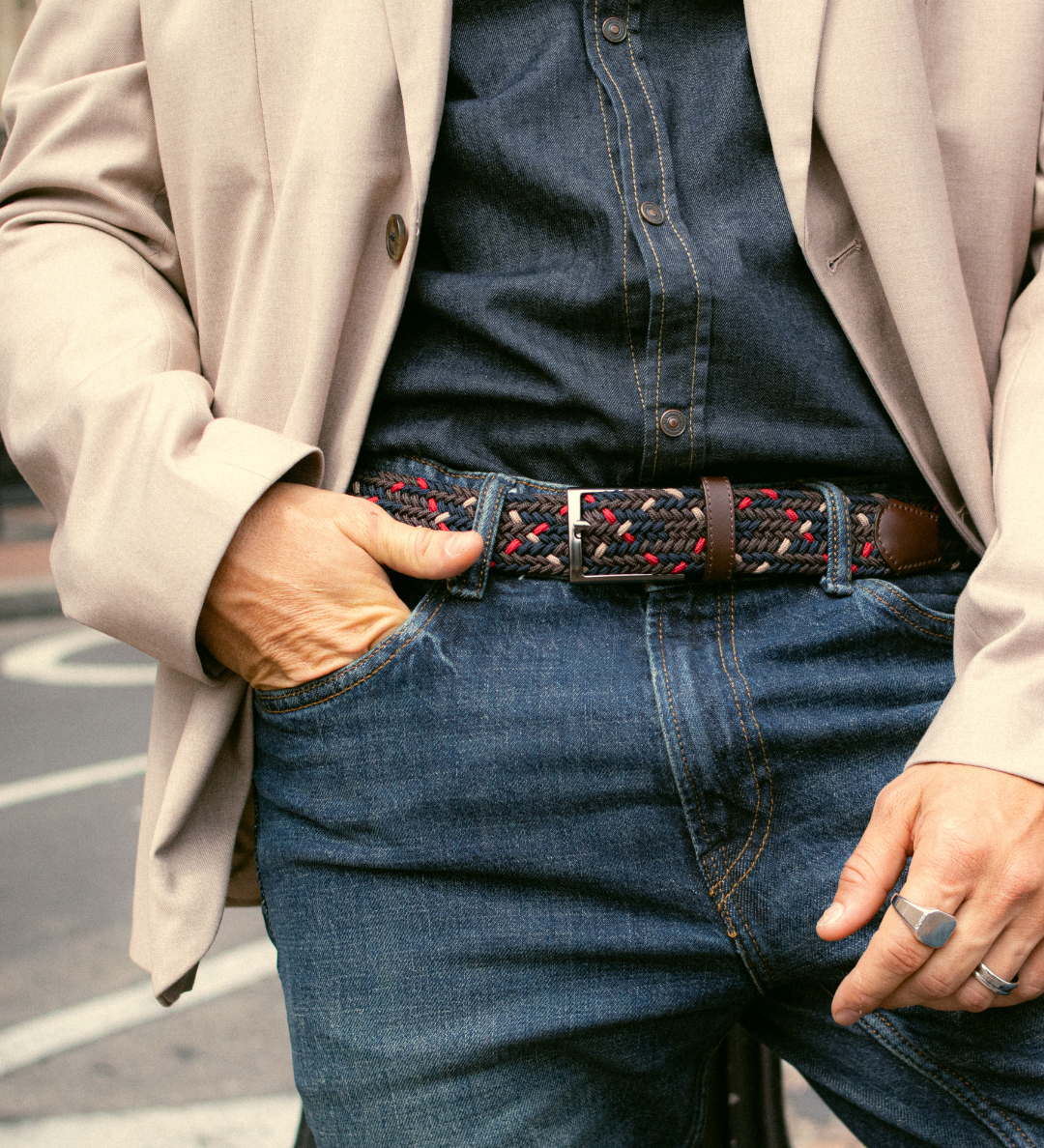 Cinturon trenzado para hombre color cafe rojo y blanco, ideal para dar regalo, ir a la oficina o una salida casual 