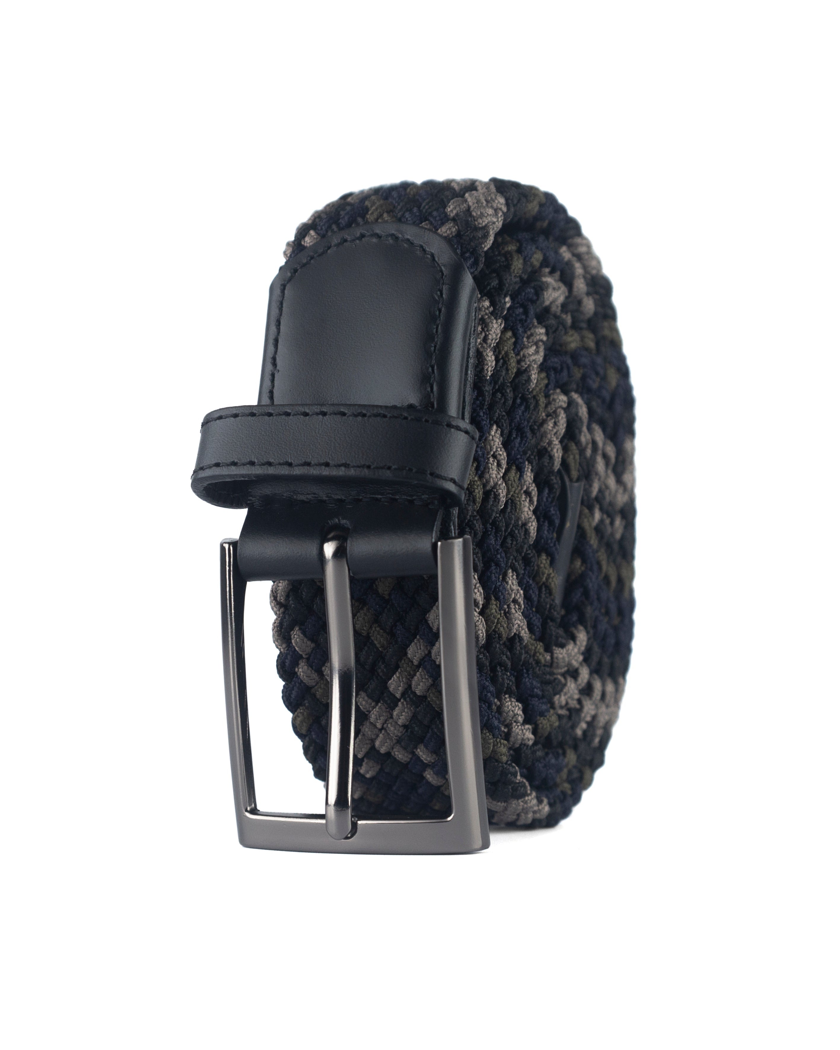 Cinturon Trenzado clasico para hombre color azul, beige y verde con hebilla gris para regalo, el trabajo o para una salida casual