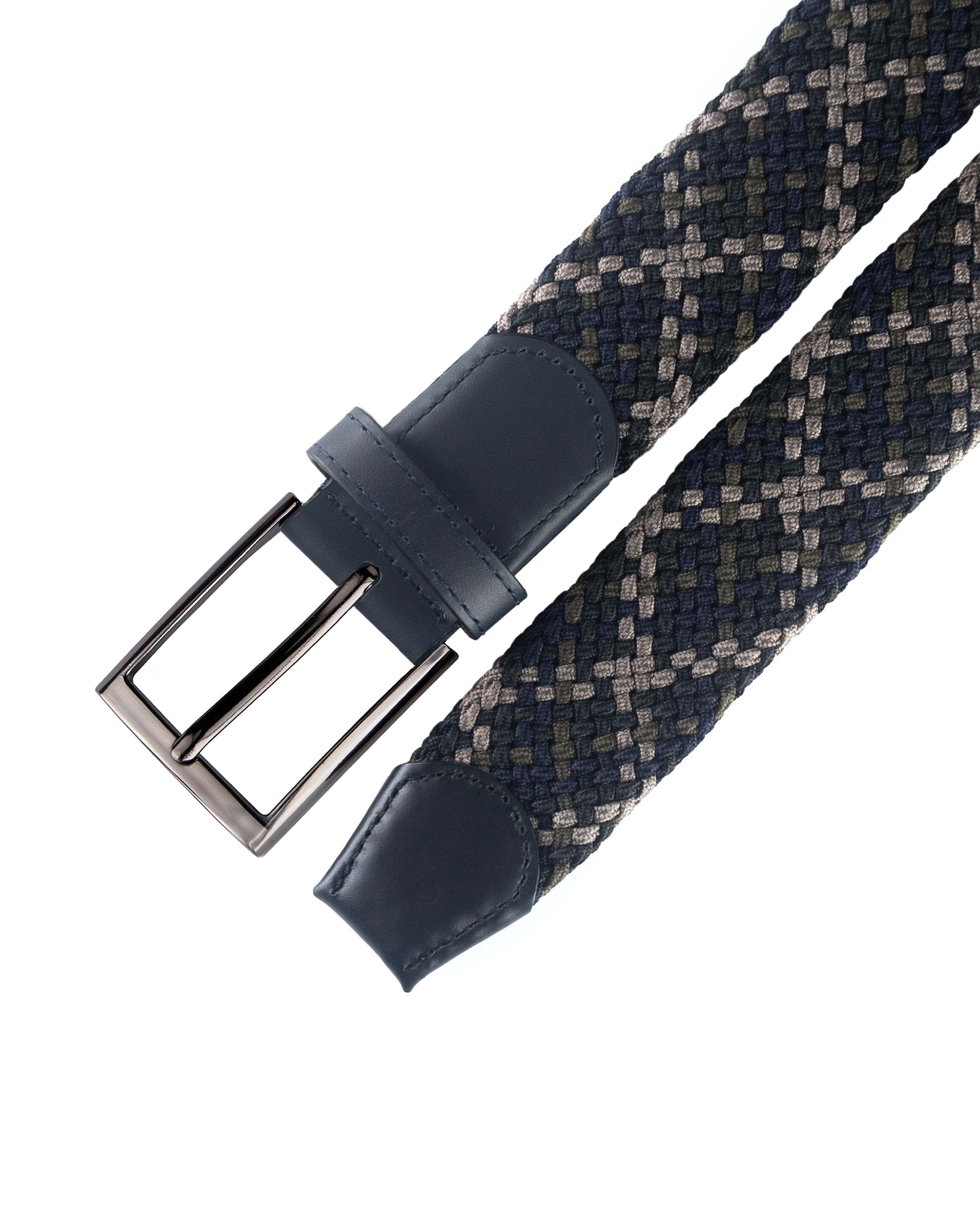 Cinturon Trenzado clasico para hombre color azul, beige y verde con hebilla gris para regalo, el trabajo o para una salida casual