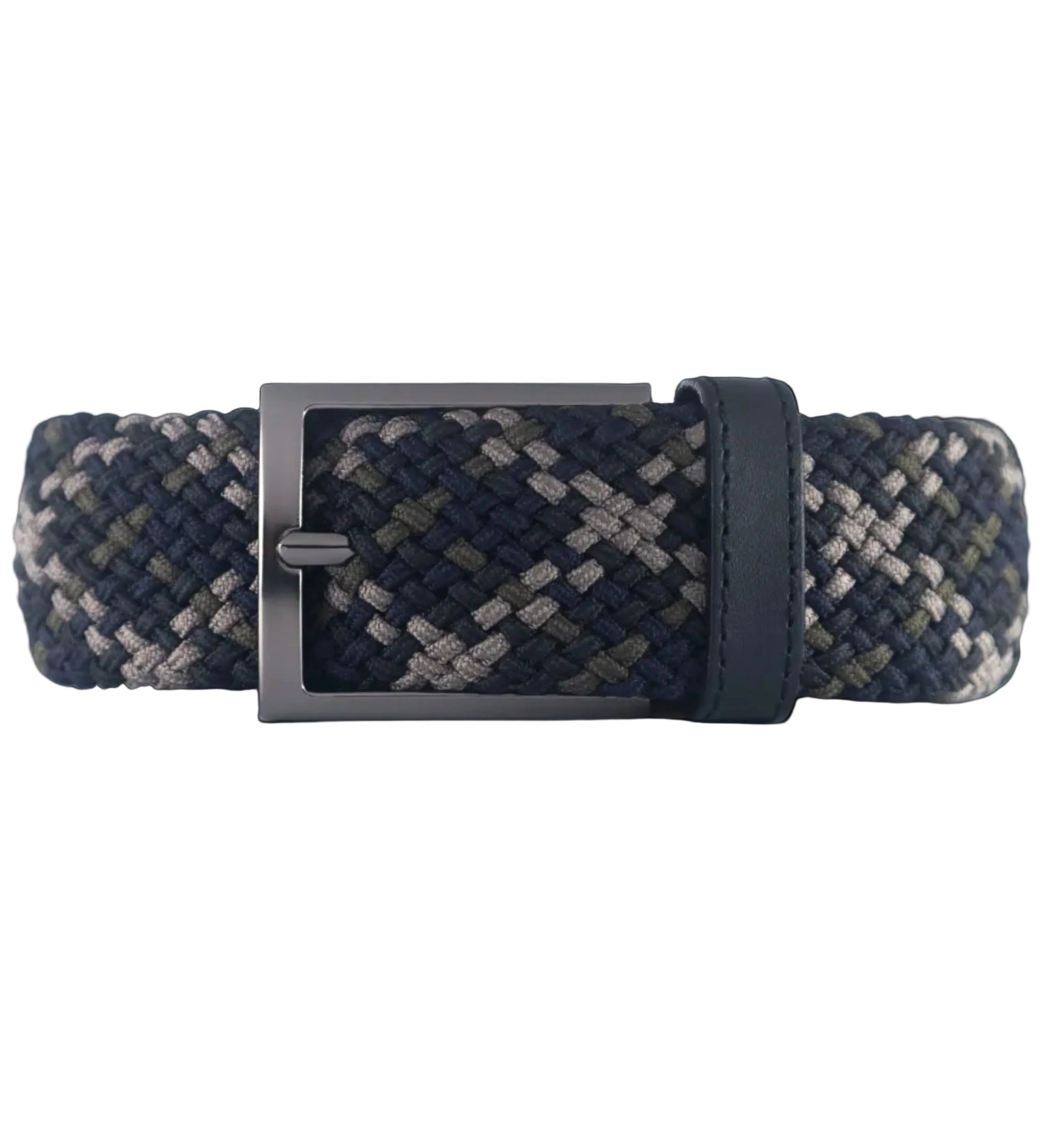 Cinturon Trenzado clasico para hombre color azul, beige y verde con hebilla gris para regalo, el trabajo o para una salida casual
