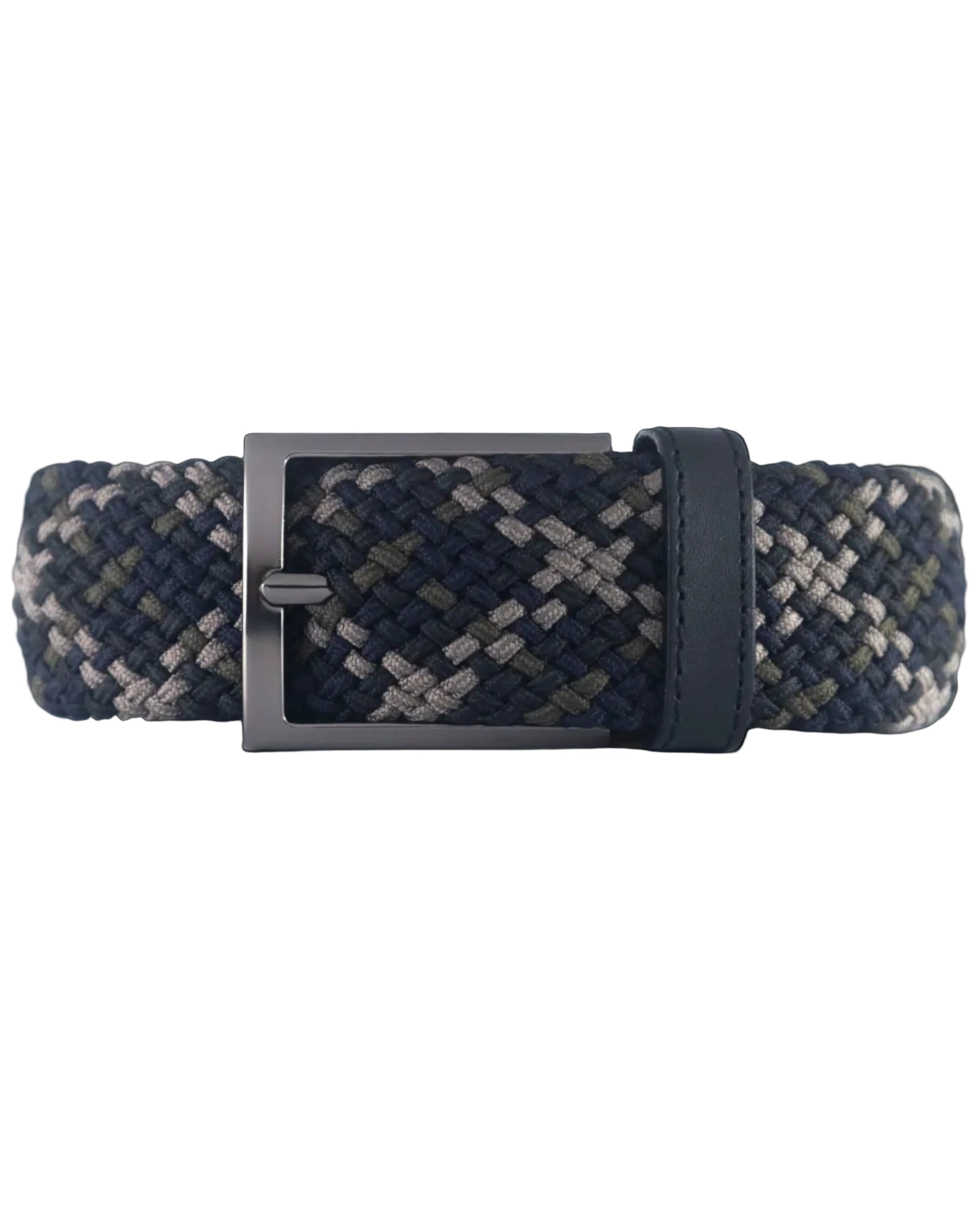 Cinturon Trenzado clasico para hombre color azul, beige y verde con hebilla gris para regalo, el trabajo o para una salida casual