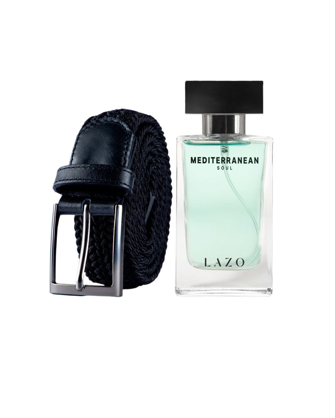 Cinturon negro trenzado mas locion para hombre