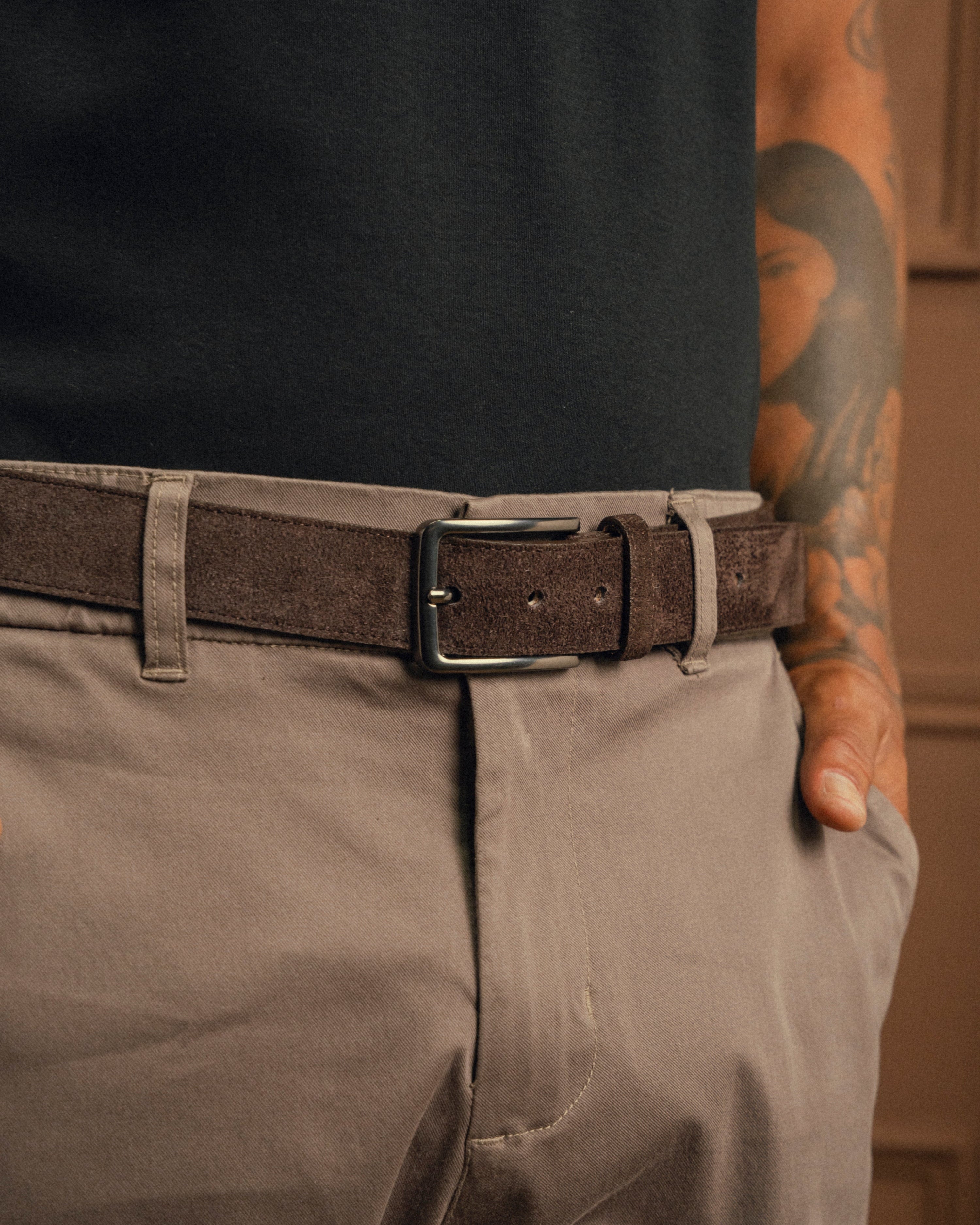 Cinturon de cuero gamuza cafe para hombre
