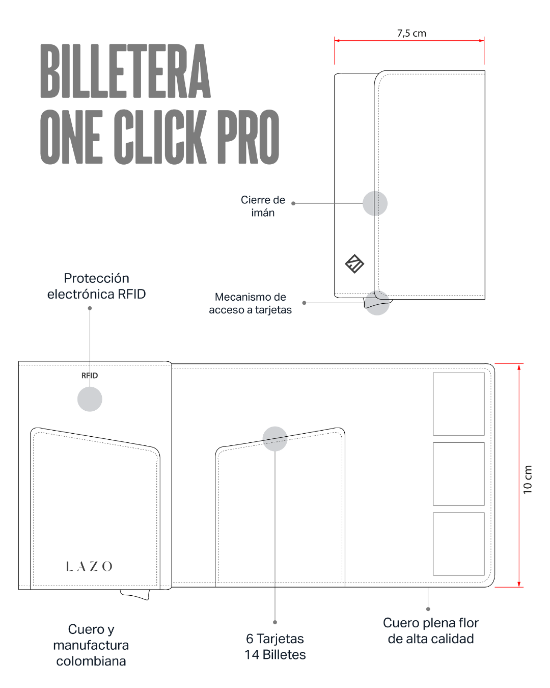 Billetera One Click Pro Negra- Con Grabado de Iniciale