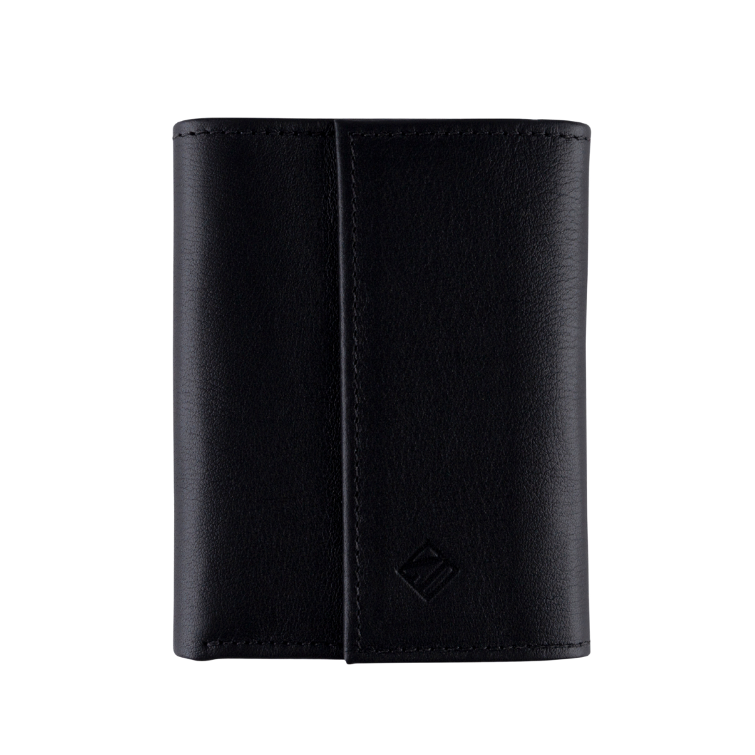 Billetera de cuero compacta color negro con interior rojo para hombre con cierre de iman, perfecta para tarjetas y billetes.