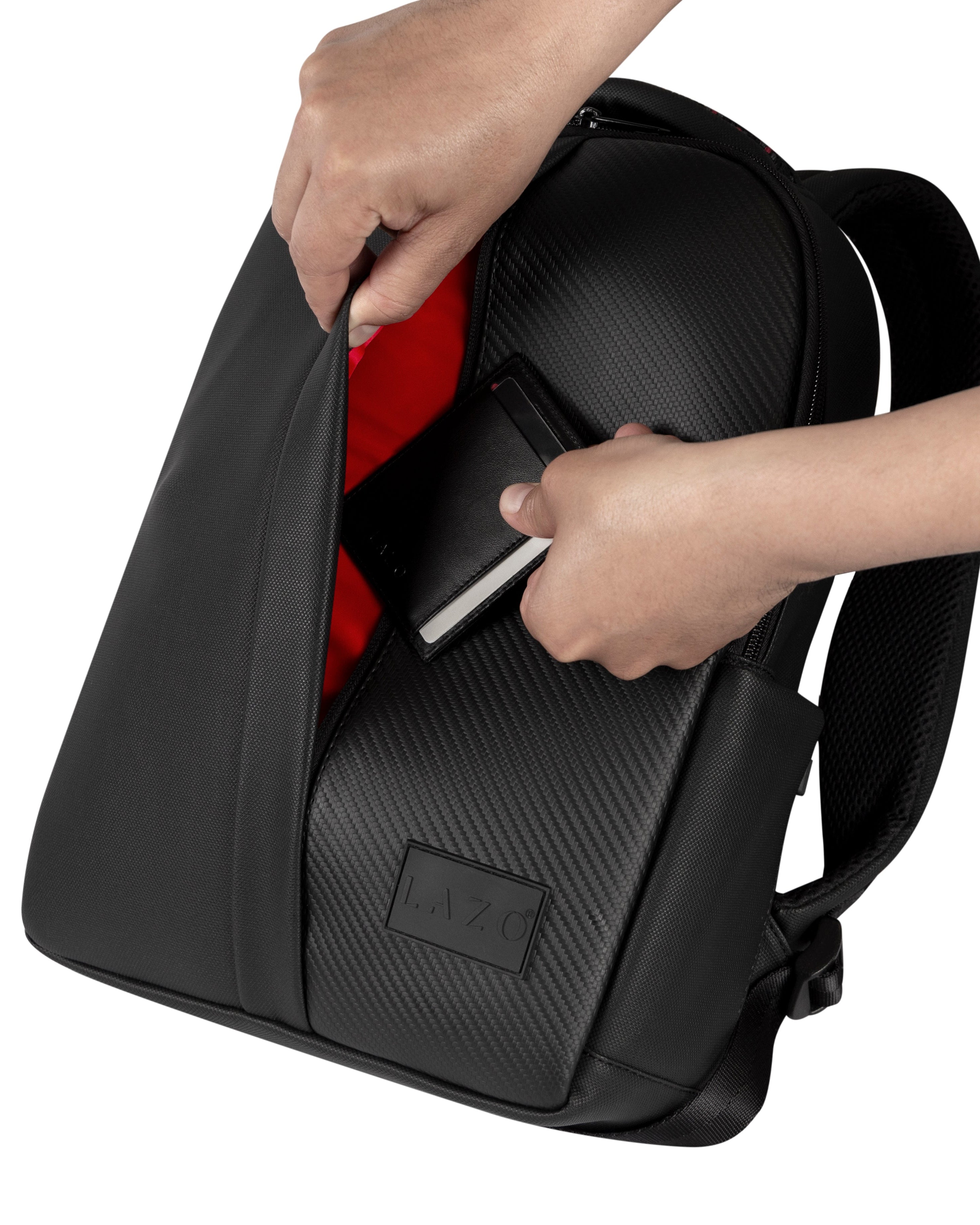 Neceser color carbono con interior rojo para hombre ideal para regalo, viajes o el dia a dia