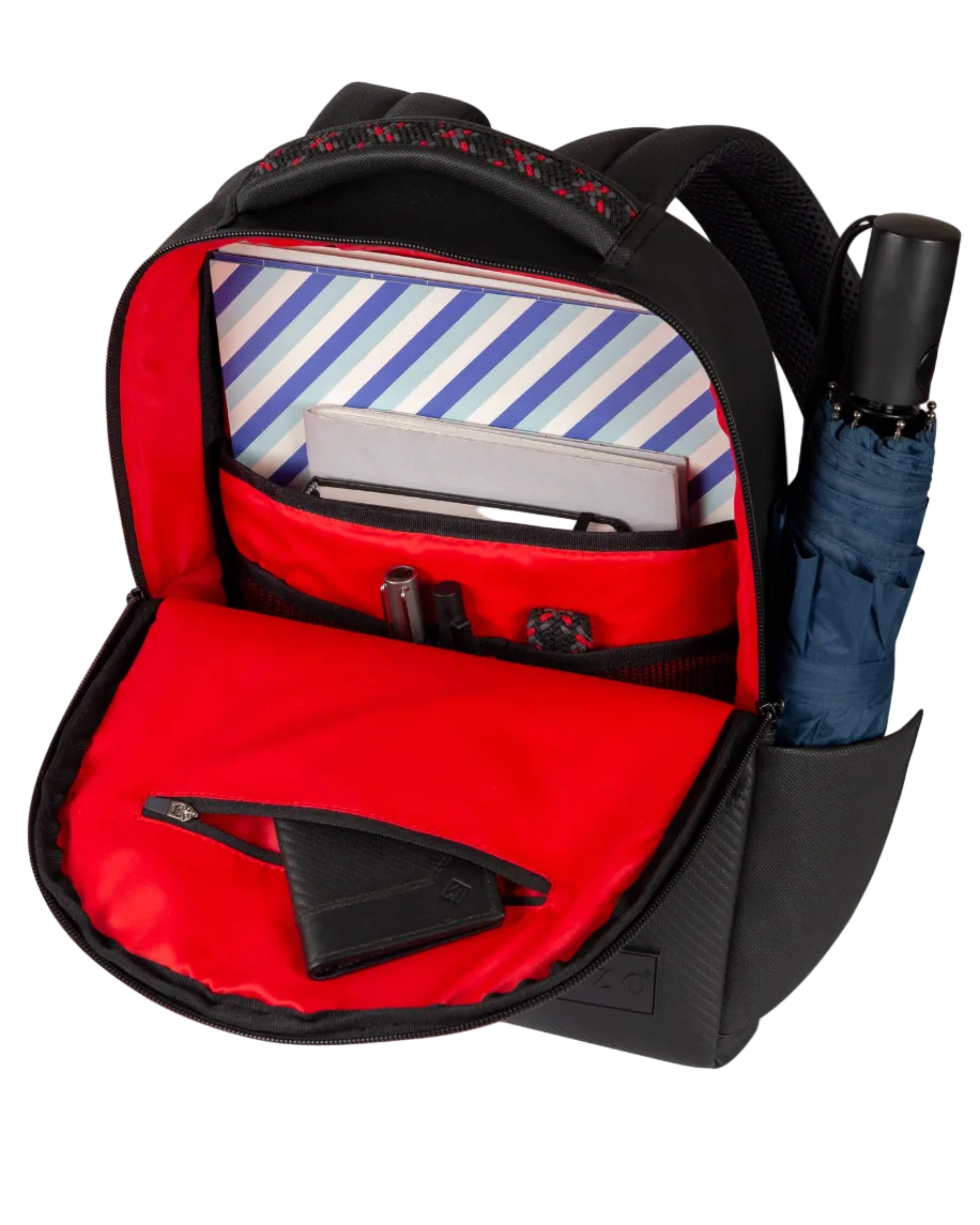Neceser color carbono con interior rojo para hombre ideal para regalo, viajes o el dia a dia