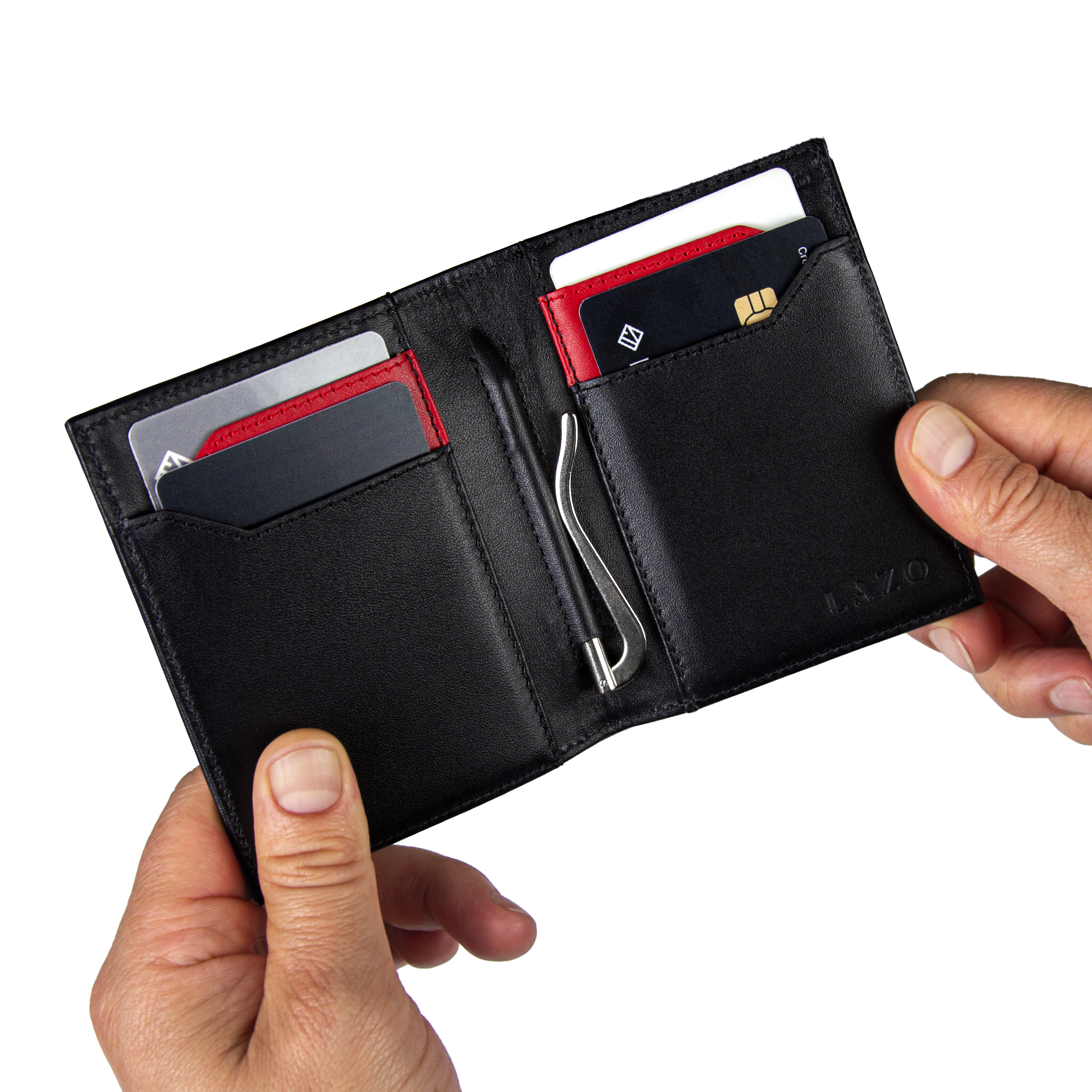 Billetera Compact con Clip (Carbono-Negra-Roja) — Con Grabado de Iniciales