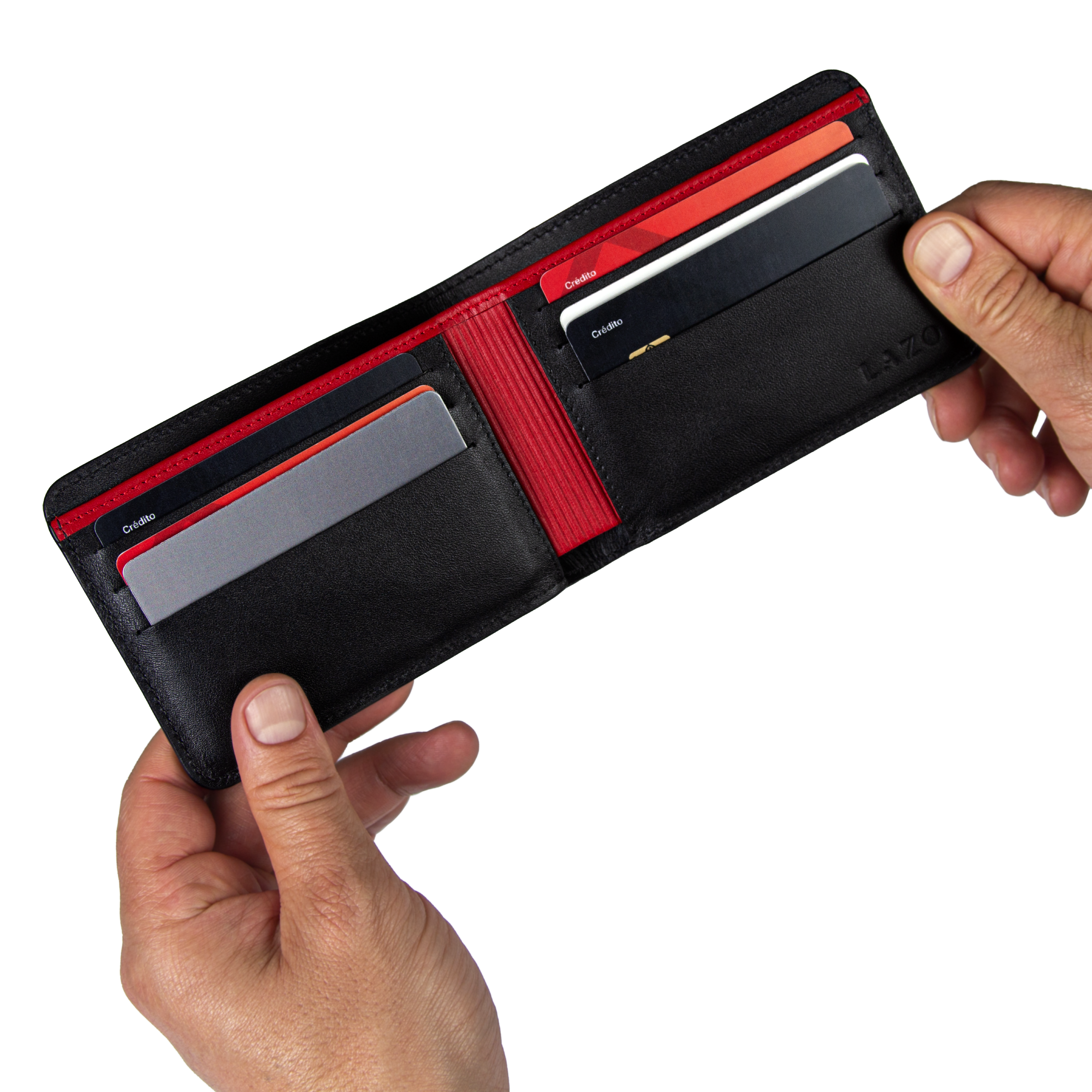Billetera Tradicional de Cuero (Carbono-Negra-Rojo) — Con Grabado de Iniciales
