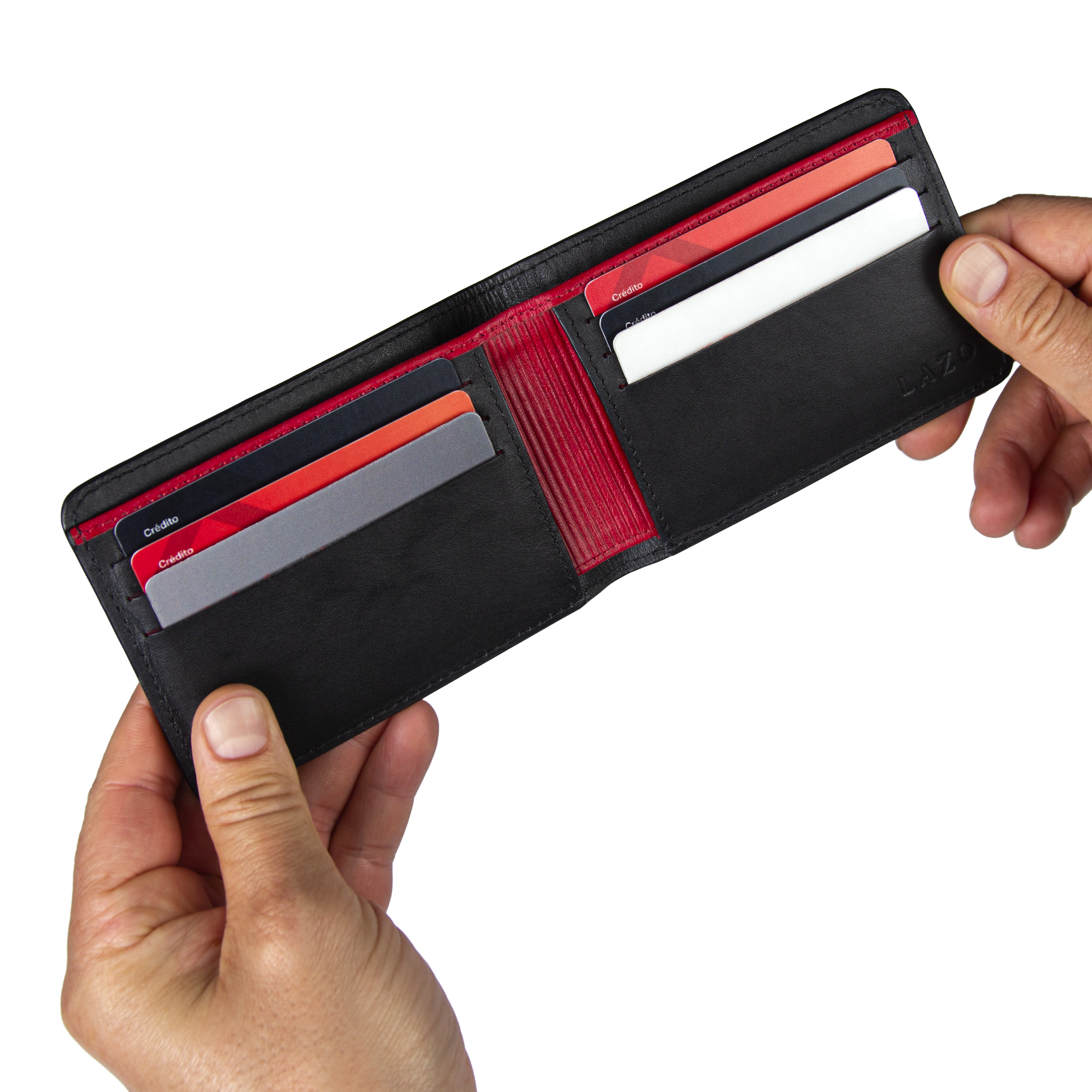 Billetera tradicional de cuero (negra-rojo) — con grabado de iniciales