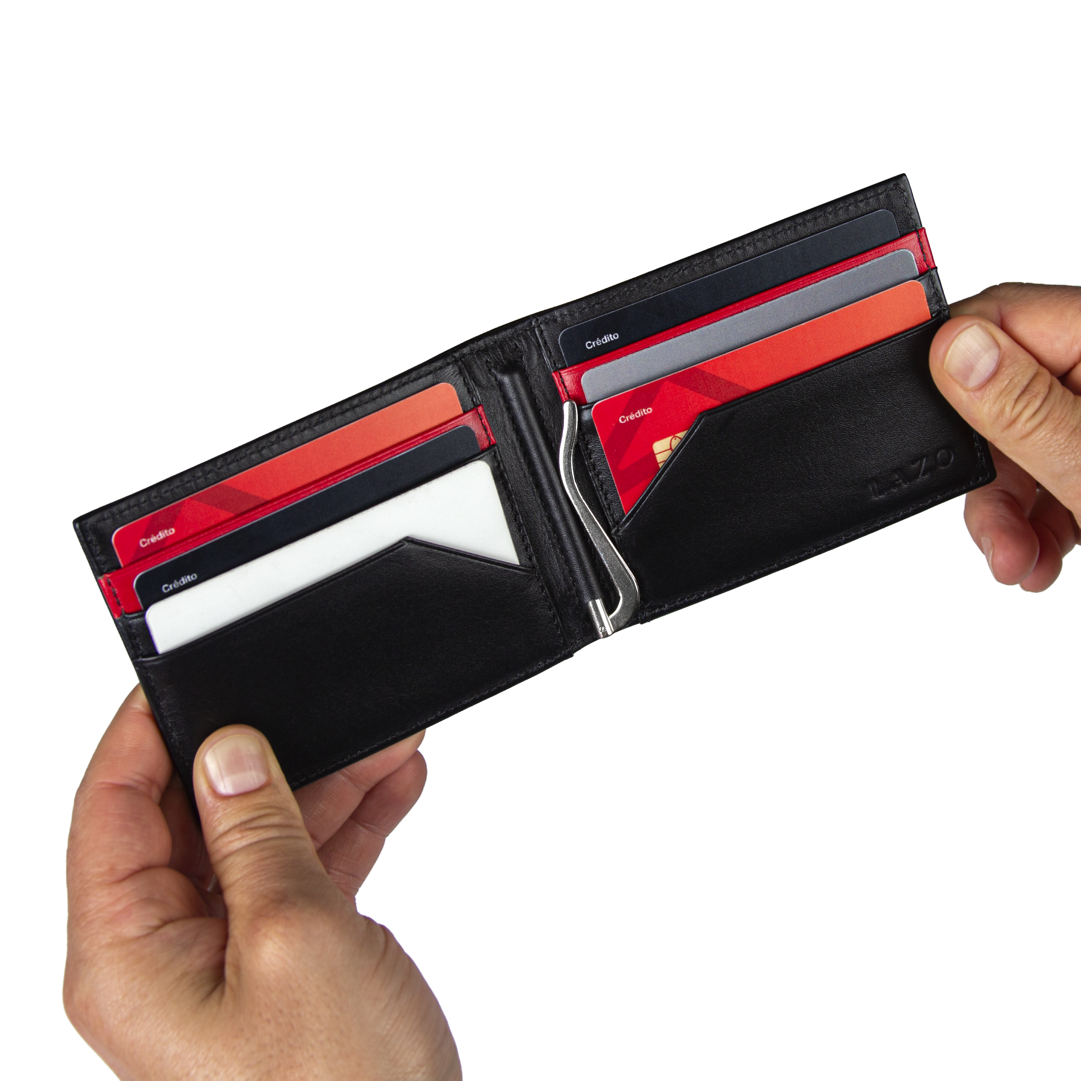 Billetera Tradicional Clip (Negra-Carbono-Roja) — Con Grabado de Iniciales