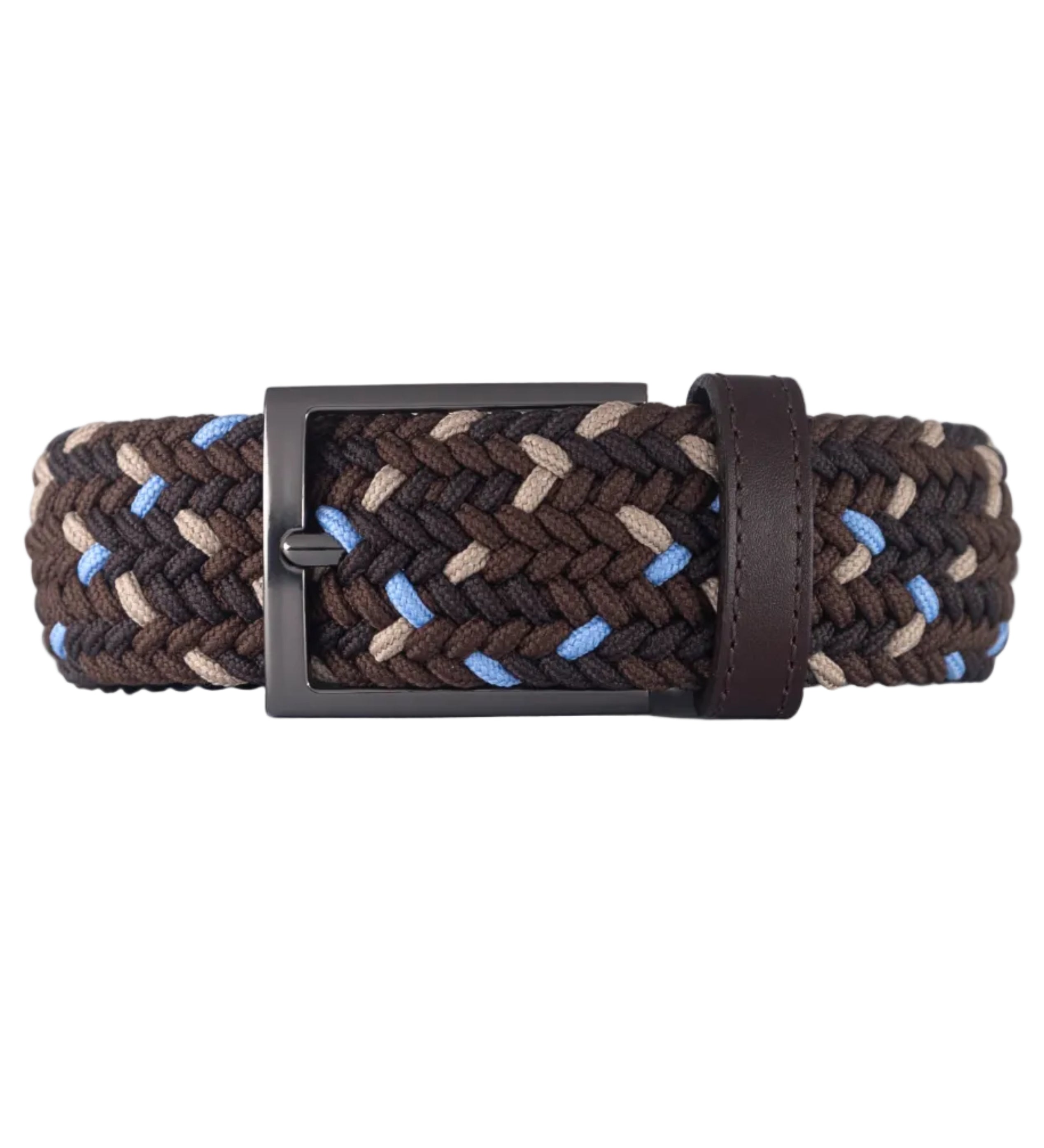 Cinturon trenzado cafe, beige y azul claro para hombre