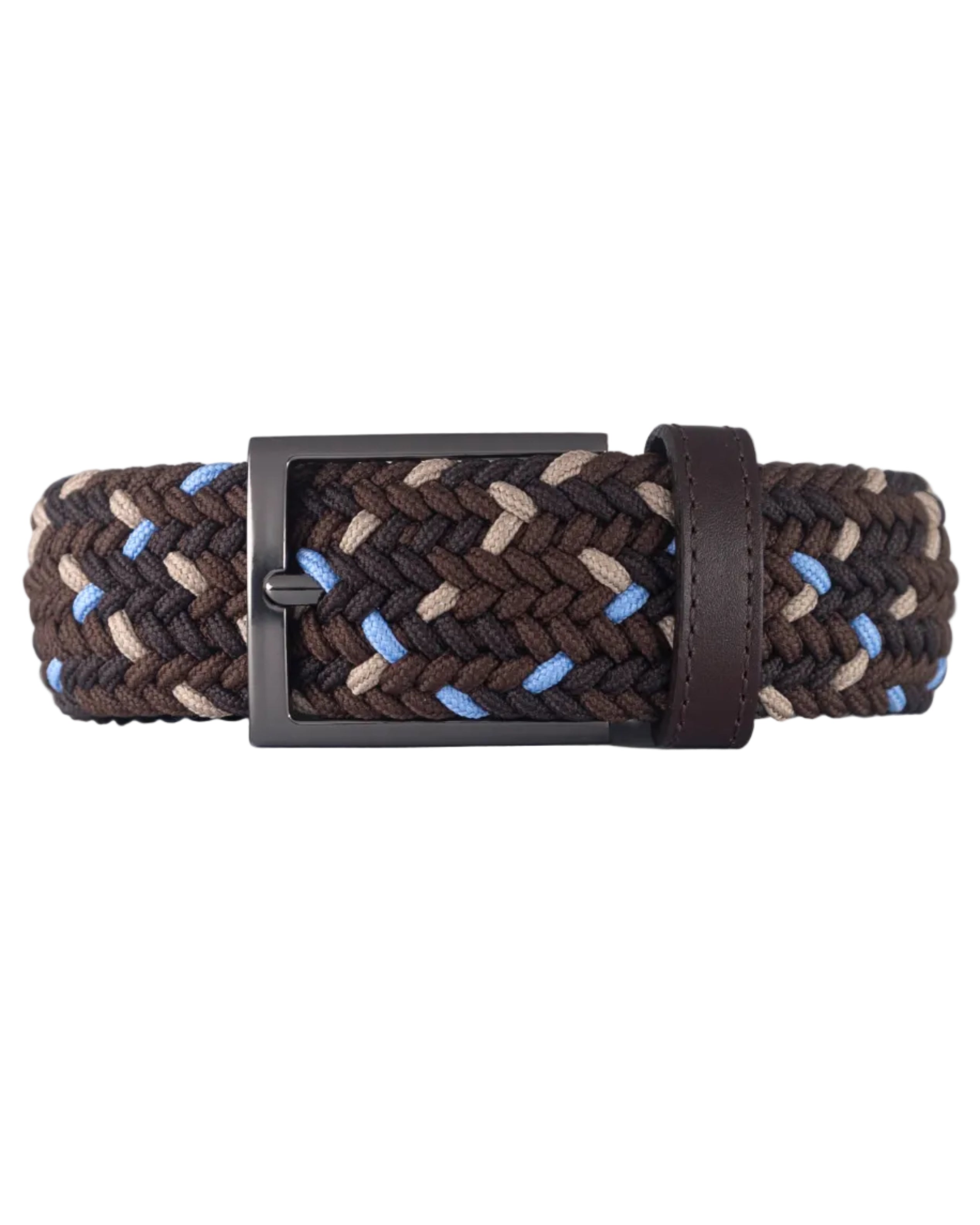 Cinturon trenzado cafe, beige y azul claro para hombre