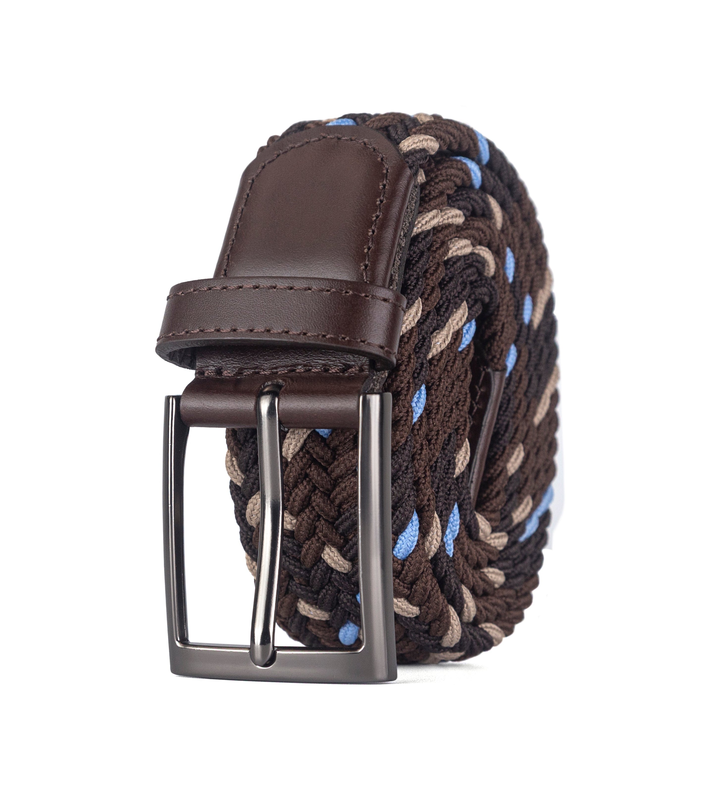 Cinturon trenzado cafe, beige y azul claro para hombre