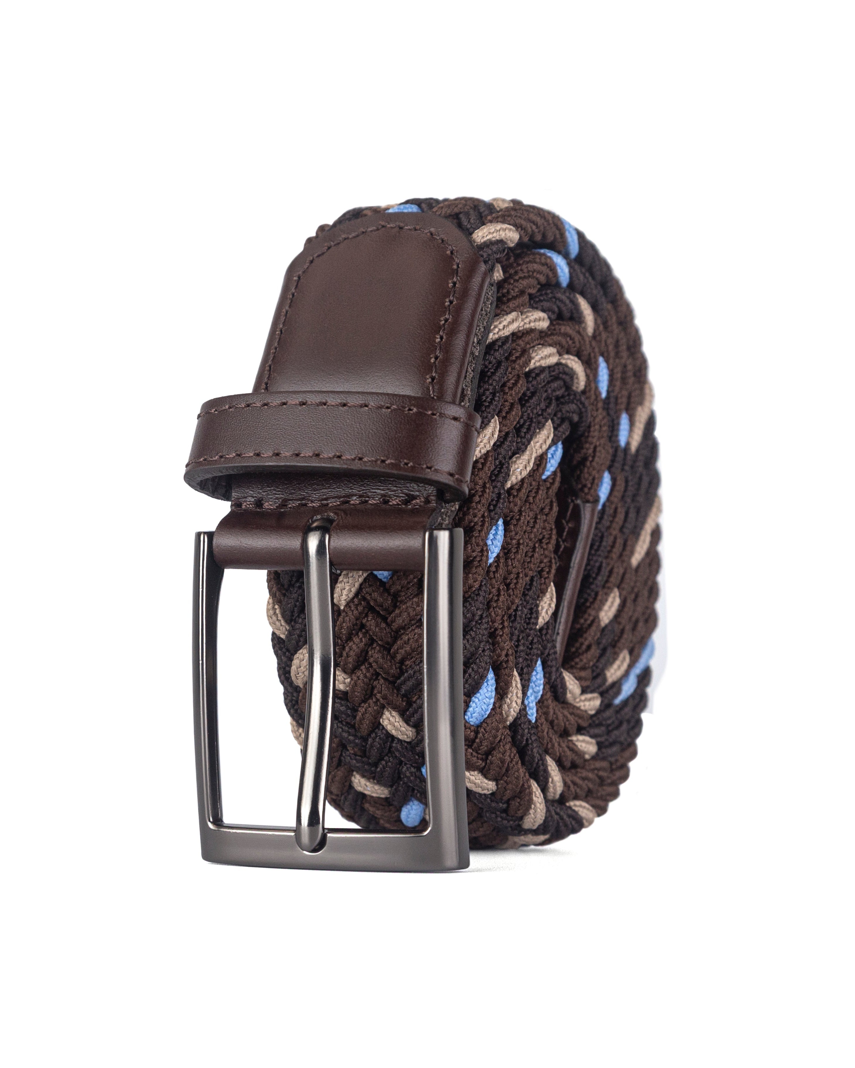 Cinturon trenzado cafe, beige y azul claro para hombre
