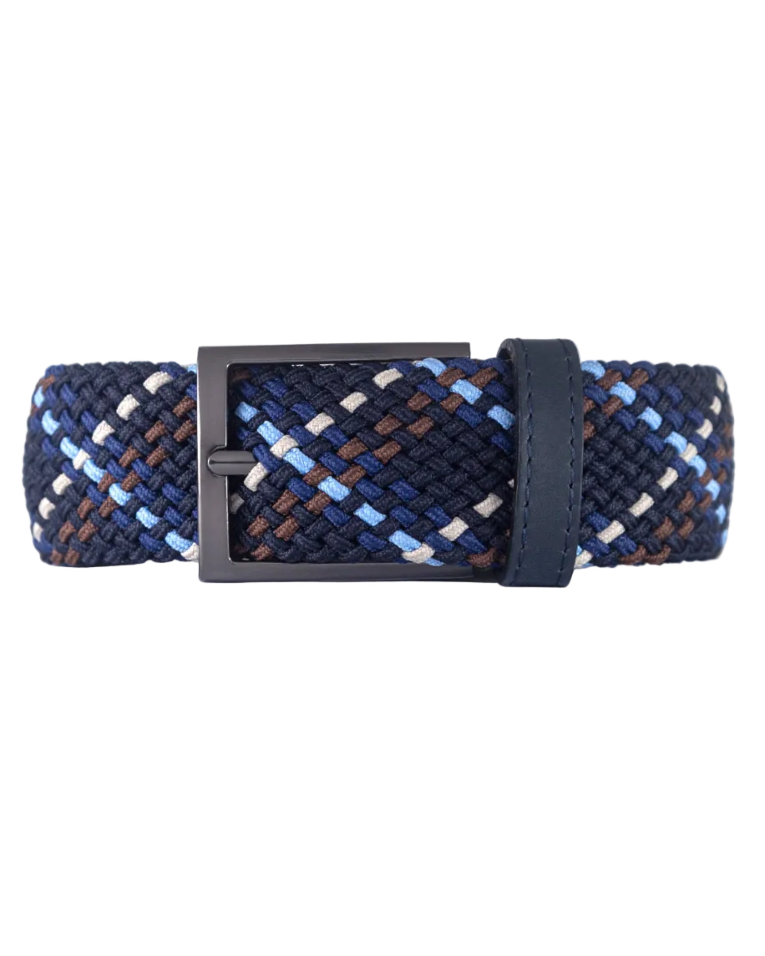 Cinturon trenzado azul navy, blanco y beige para hombre