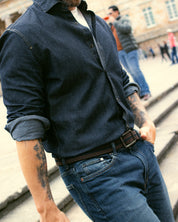 Cinturon doblefaz trenzado para hombre color cafe, azul y beige