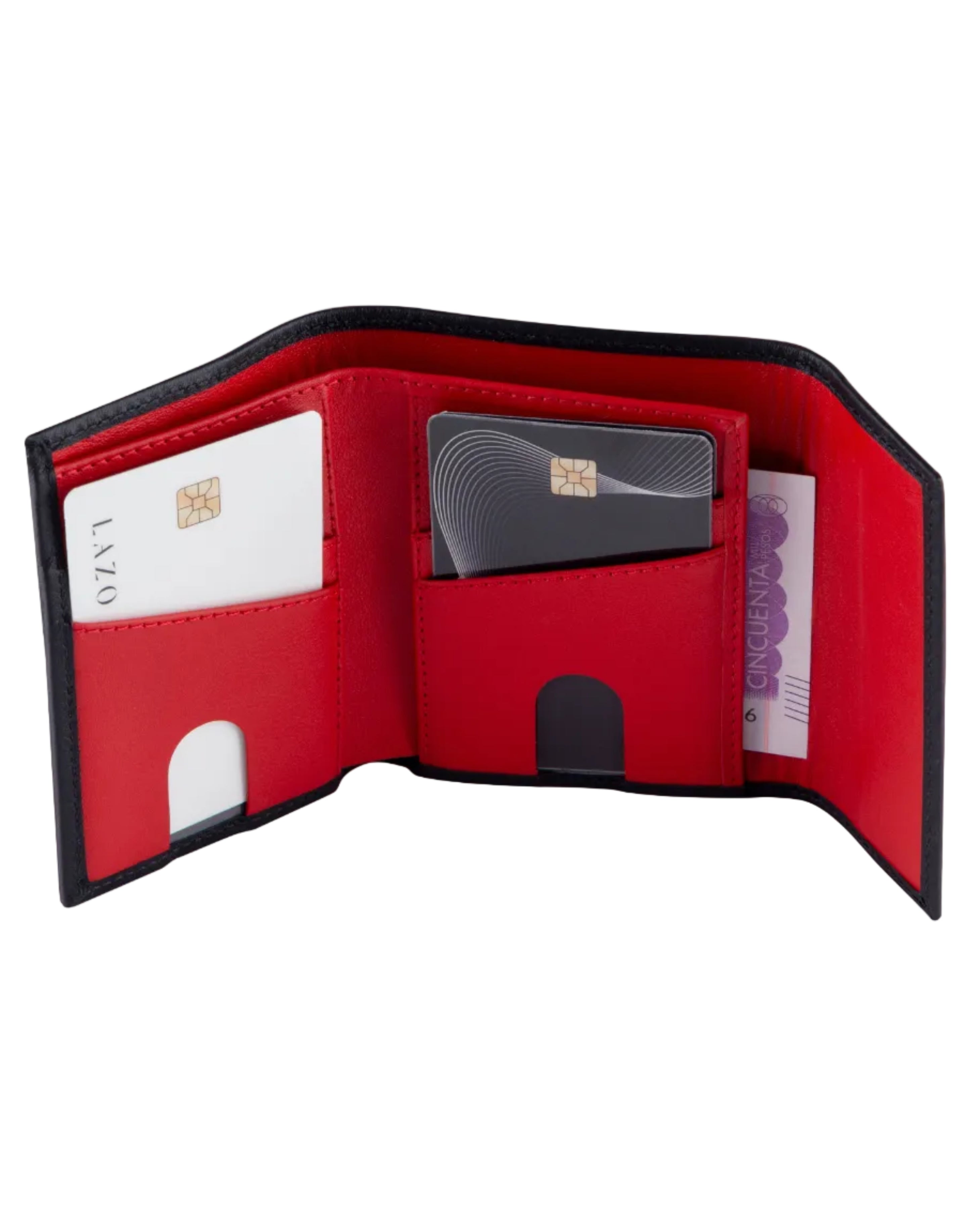 Billetera de cuero compacta color negro carbono para hombre con cierre de iman, perfecta para tarjetas y billetes.