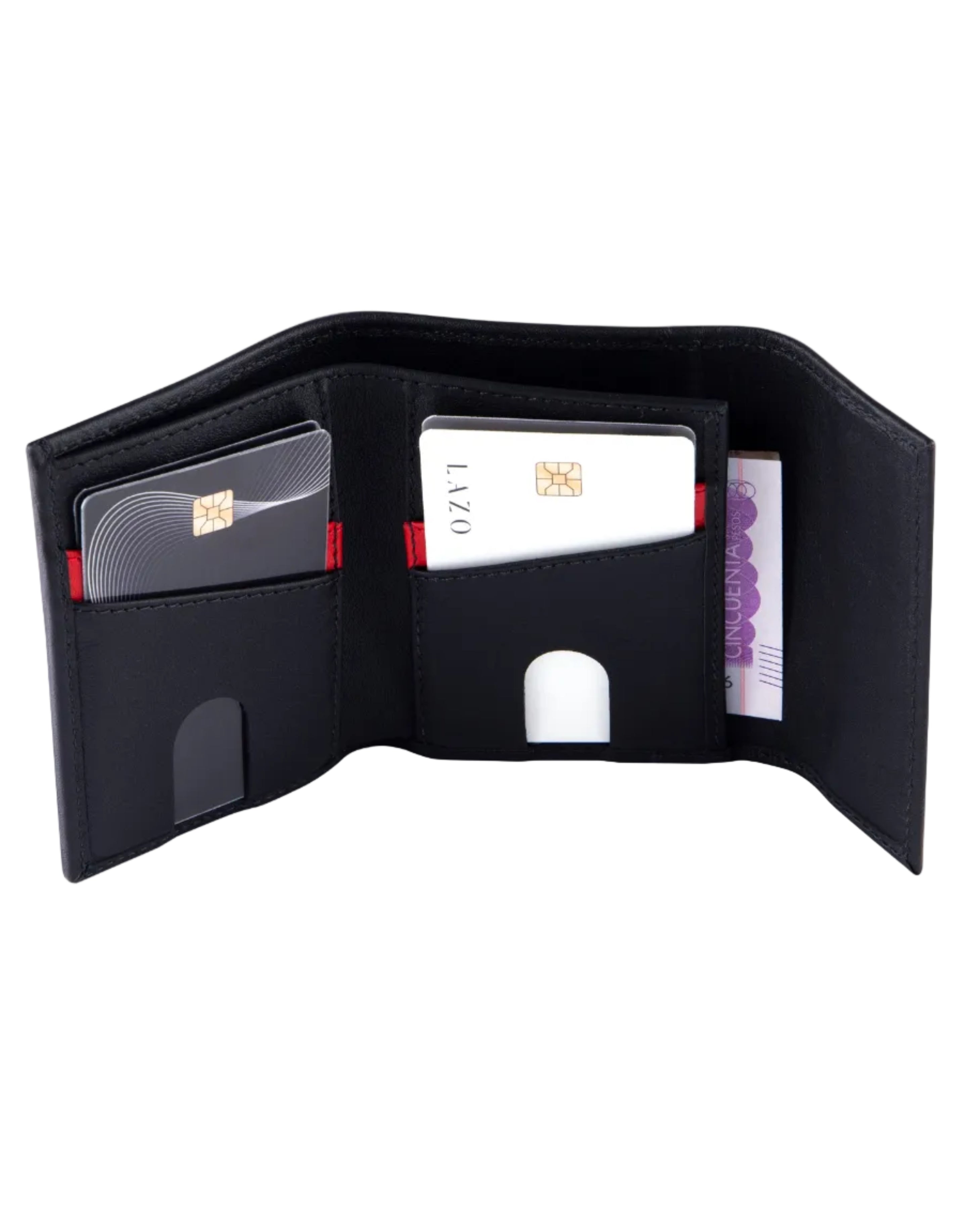 Billetera de cuero compacta color negro carbono para hombre con cierre de iman, perfecta para tarjetas y billetes.