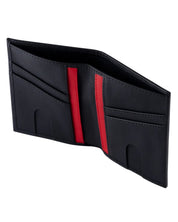 Billetera de cuero compacta color negro carbono para hombre, perfecta para tarjetas y billetes.