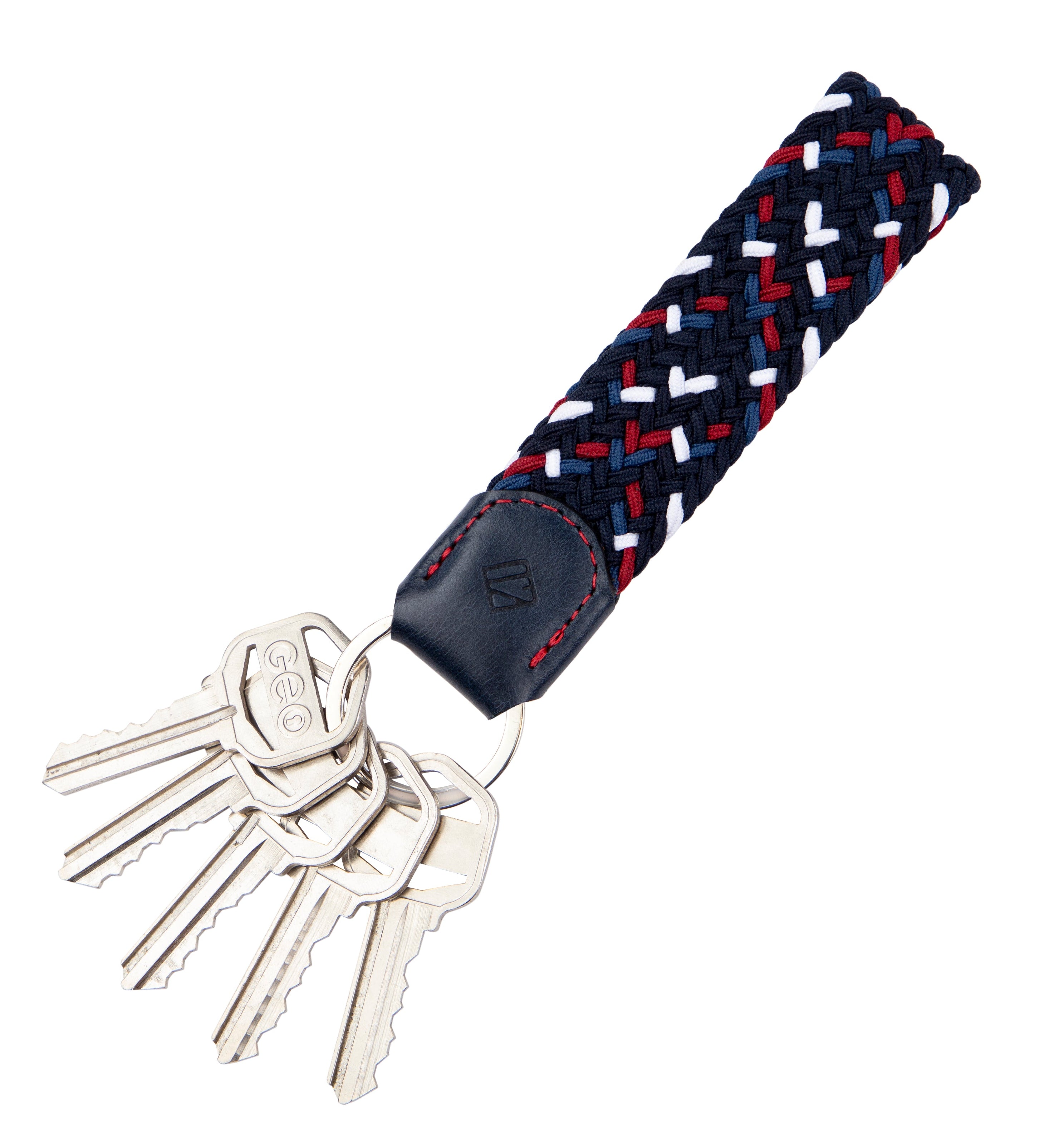 Llavero trenzado azul y rojo con aplique de cuero azul