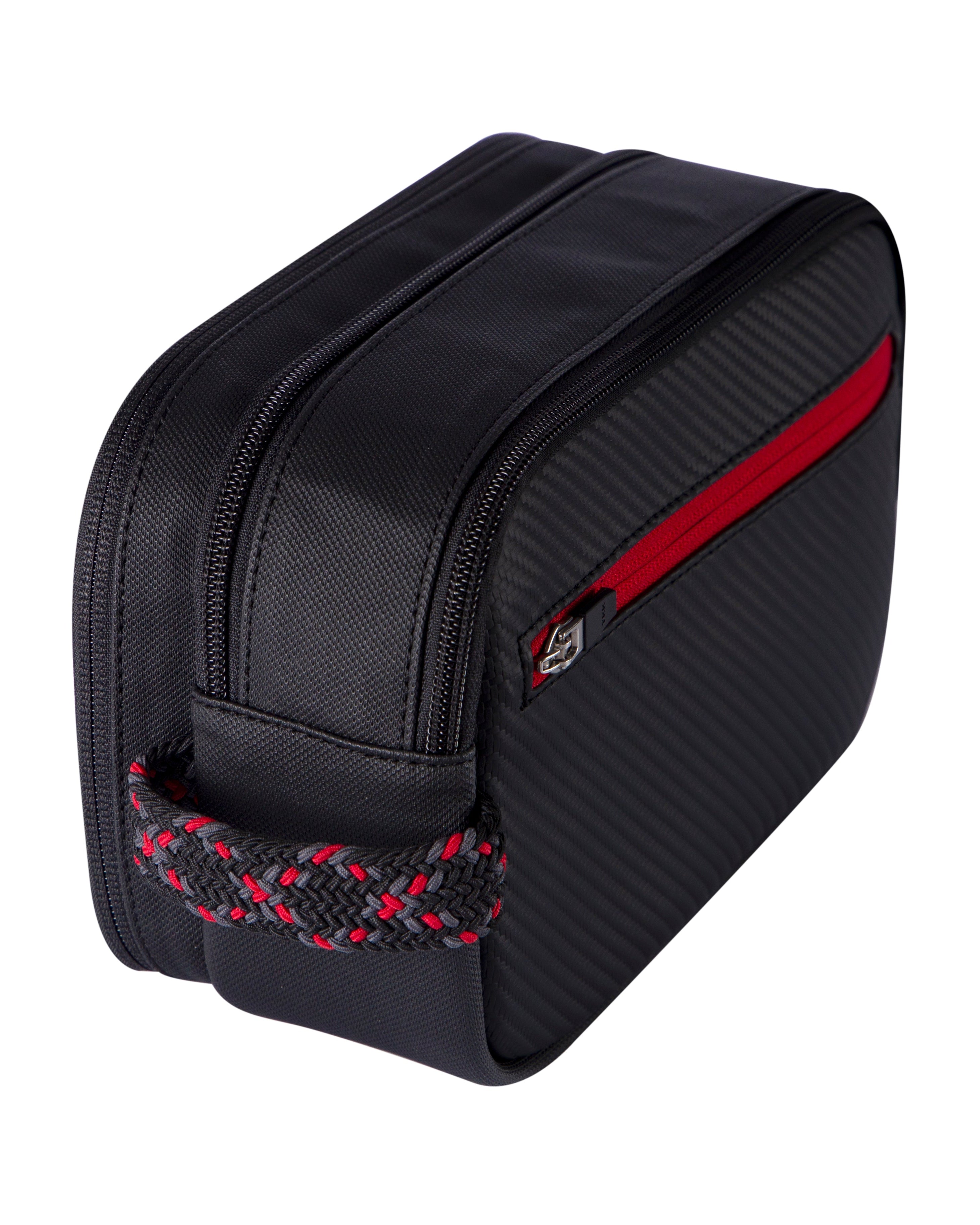 Neceser color carbono con interior rojo para hombre ideal para regalo, viajes o el dia a dia