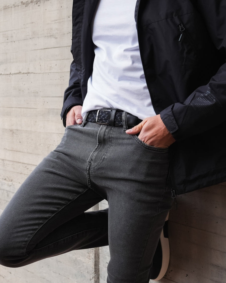 Cinturon trenzado negro y gris para hombre ideal para regalo, la oficina o un dia casual
