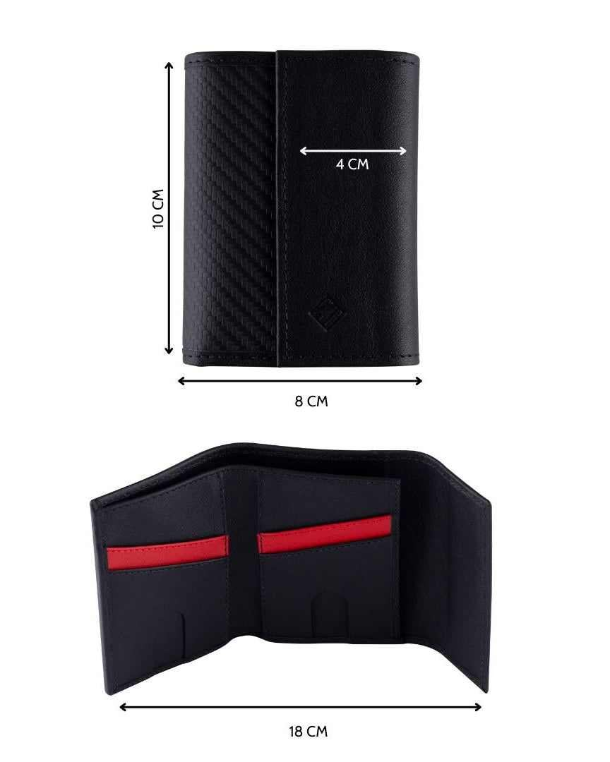 Billetera de cuero compacta color negro carbono para hombre con cierre de iman, perfecta para tarjetas y billetes.