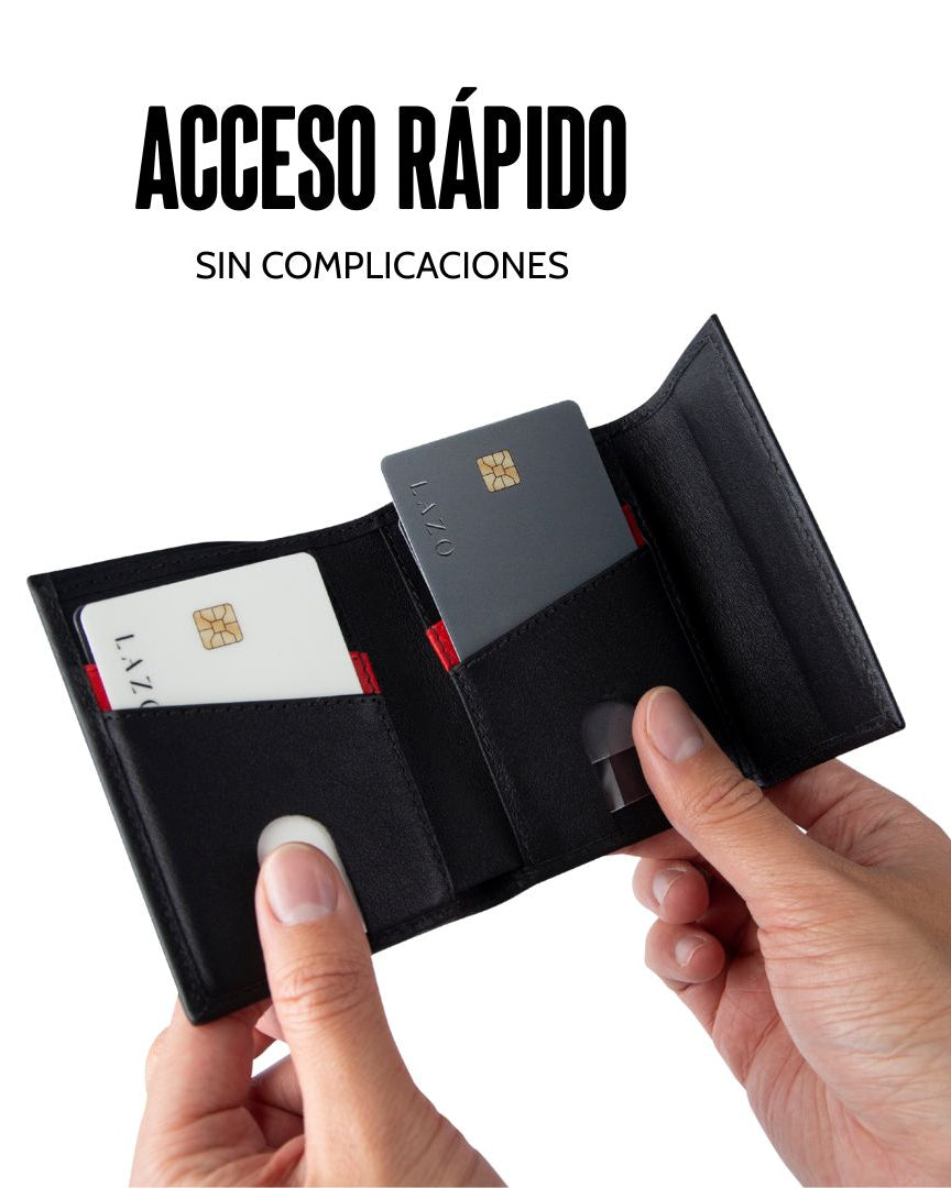Billetera de cuero compacta color negro carbono para hombre con cierre de iman, perfecta para tarjetas y billetes.