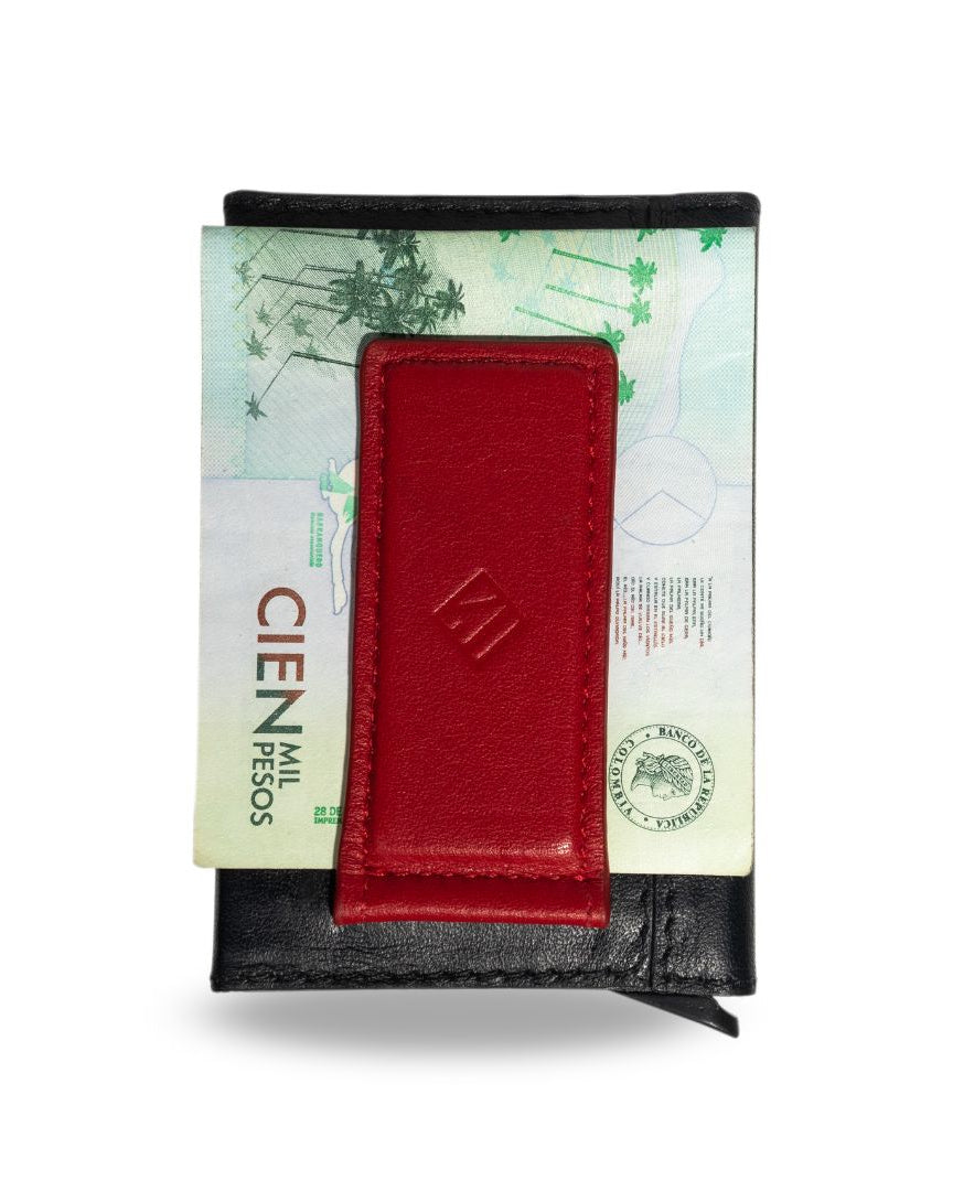 Billetera tarjetero negro y rojo one click ideal para llevar tarjetas y billetes, ideal para regalos o cambiar tu billetera vieja.
