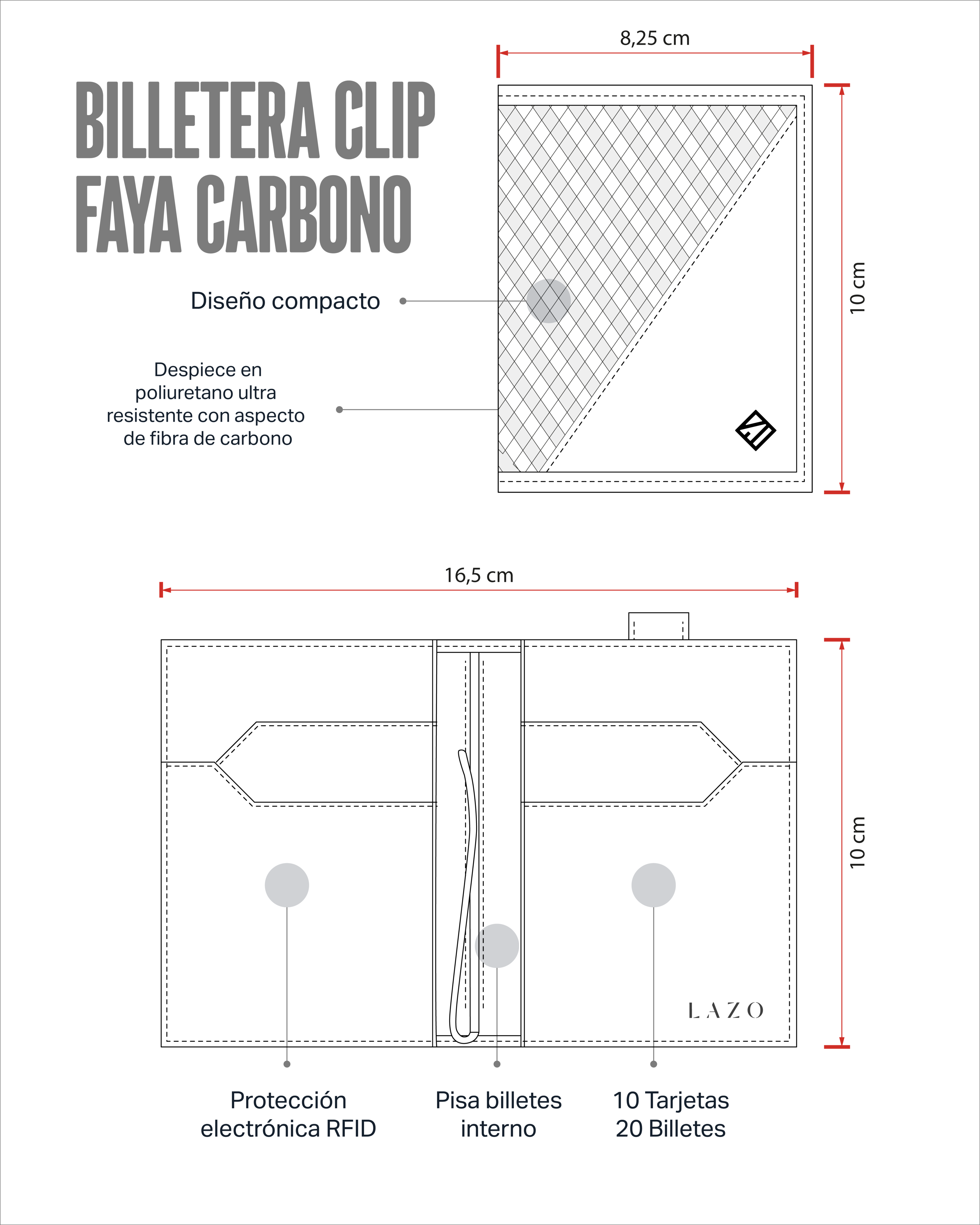 Billetera Compact con Clip (Carbono-Negra-Roja) — Con Grabado de Iniciales
