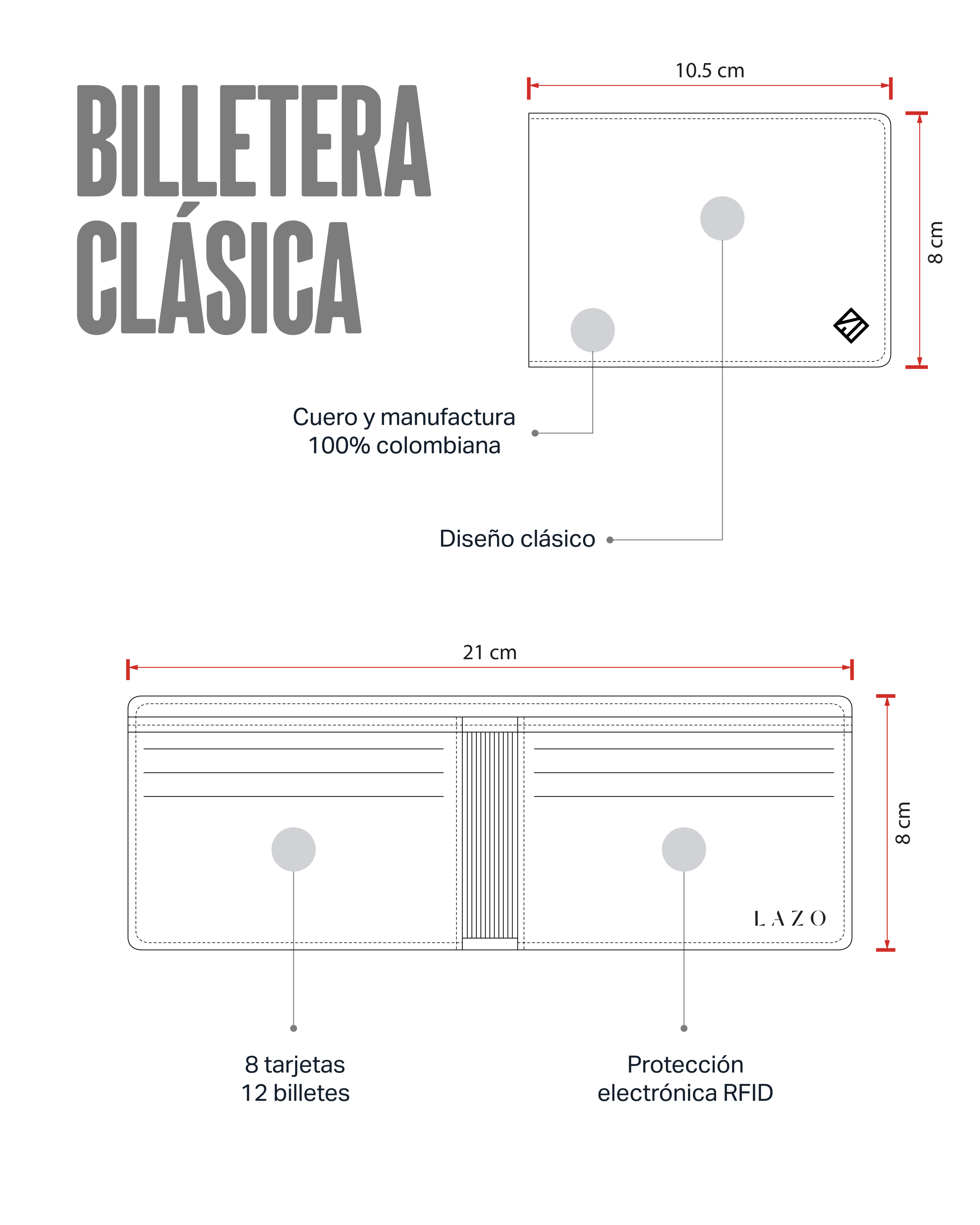 Billetera tradicional de cuero (negra-rojo) — con grabado de iniciales