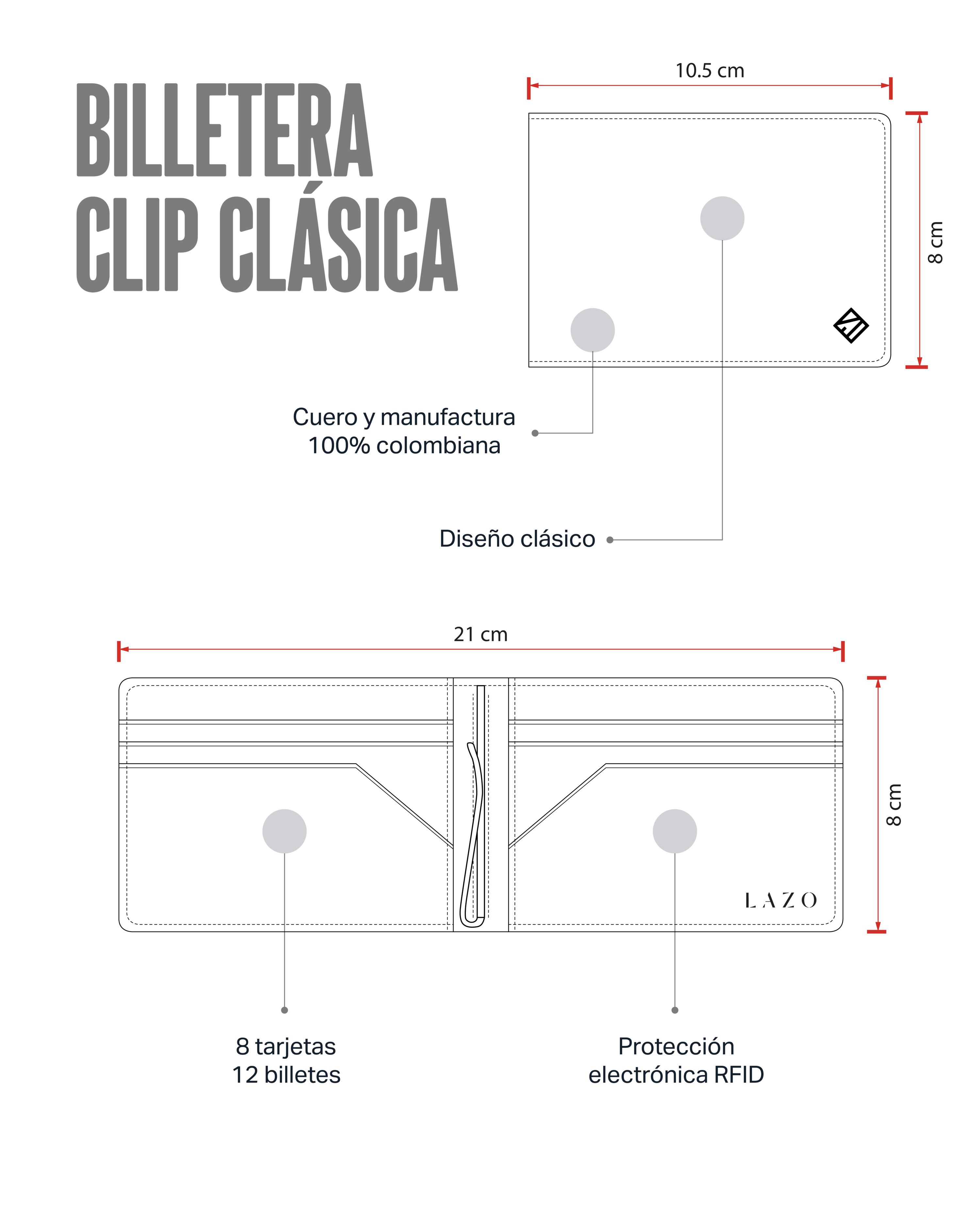 Billetera tradicional clip (negra-rojo) — con grabado de iniciales
