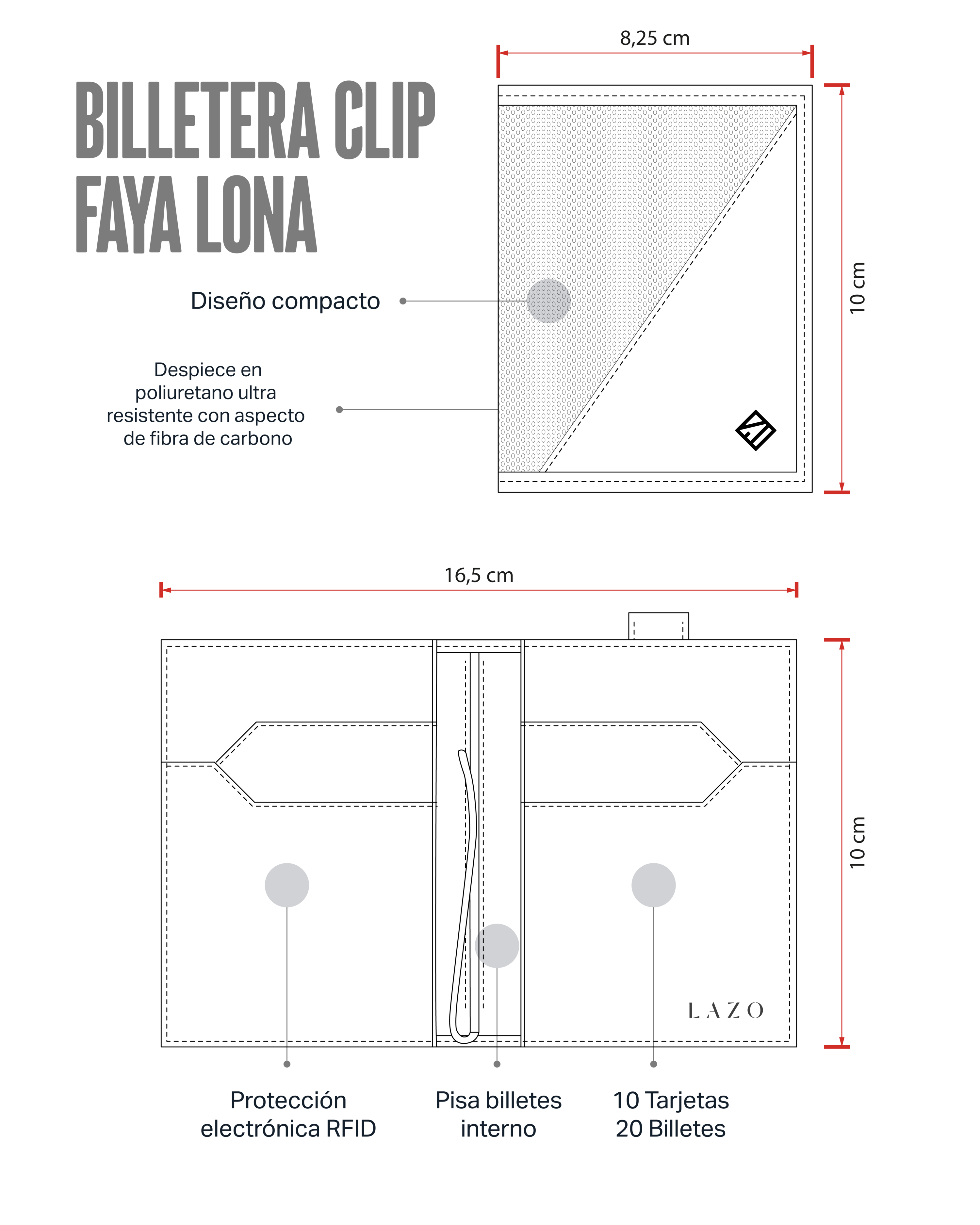 Billetera Compact con Clip  Negra - Lona  — Con Grabado de Iniciales