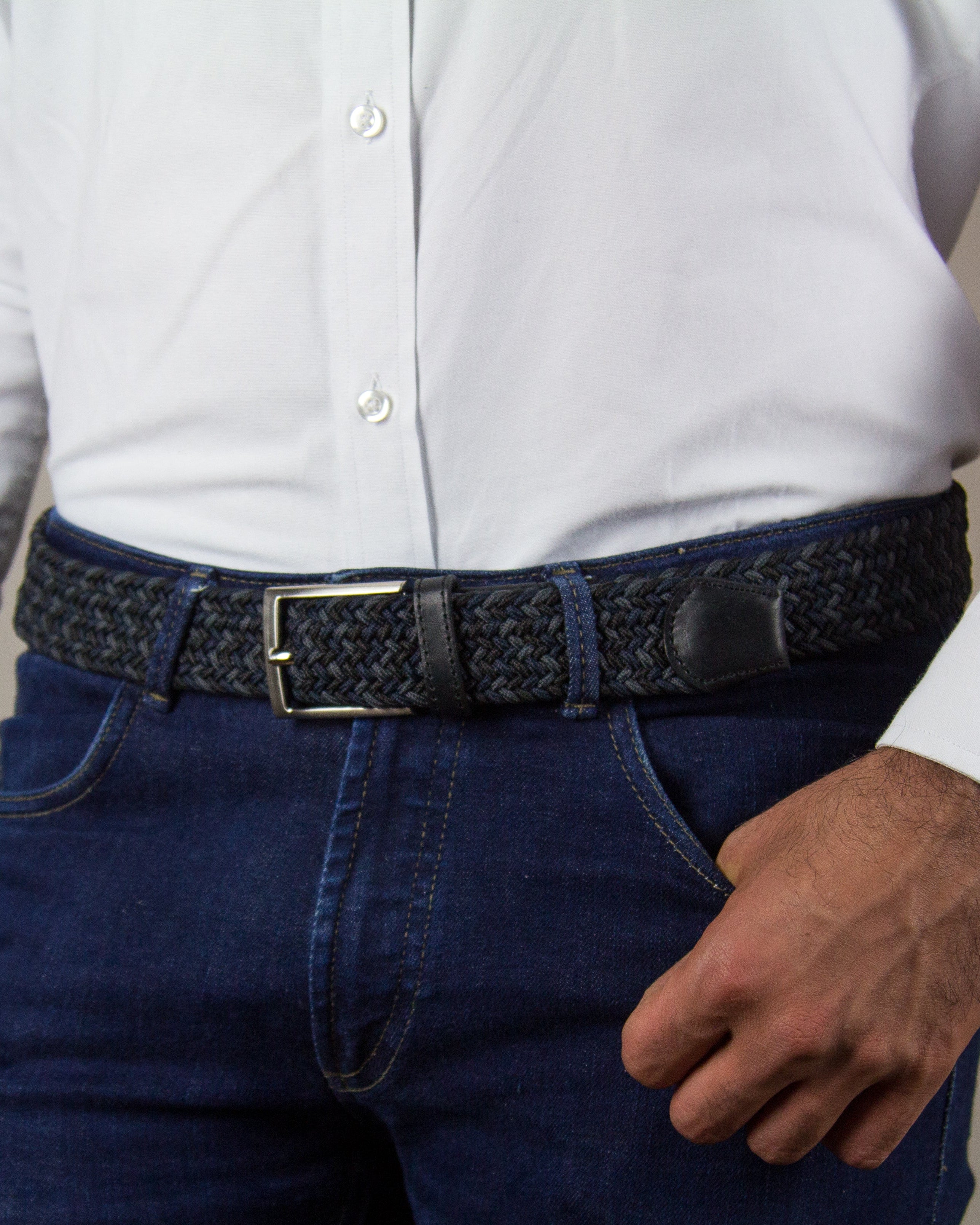 Cinturon trenzado negro y gris para hombre ideal para regalo, la oficina o un dia casual